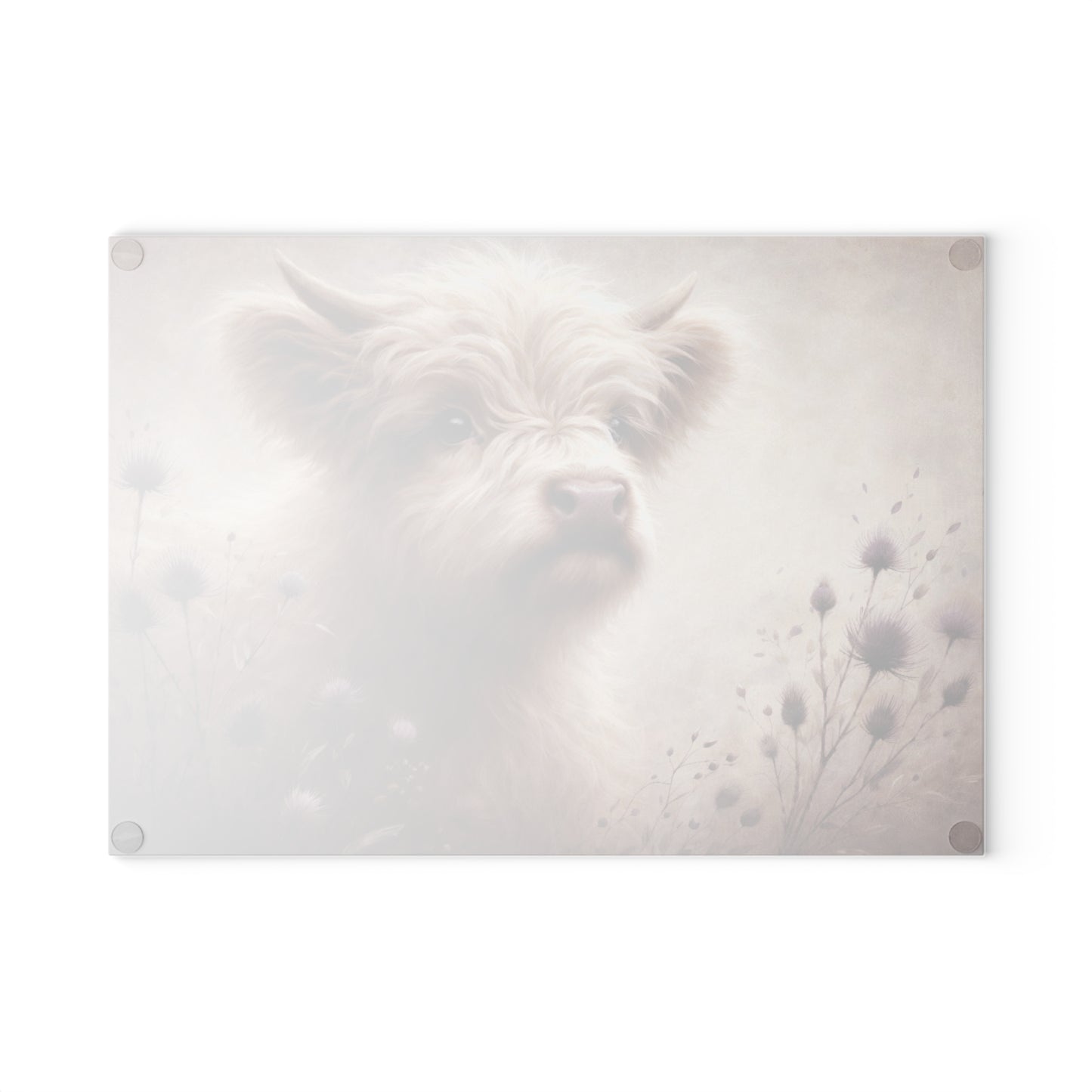 Gentle Highland Calf Glass Cutting Board – Soft Farmhouse Kitchen Art with Floral Accents