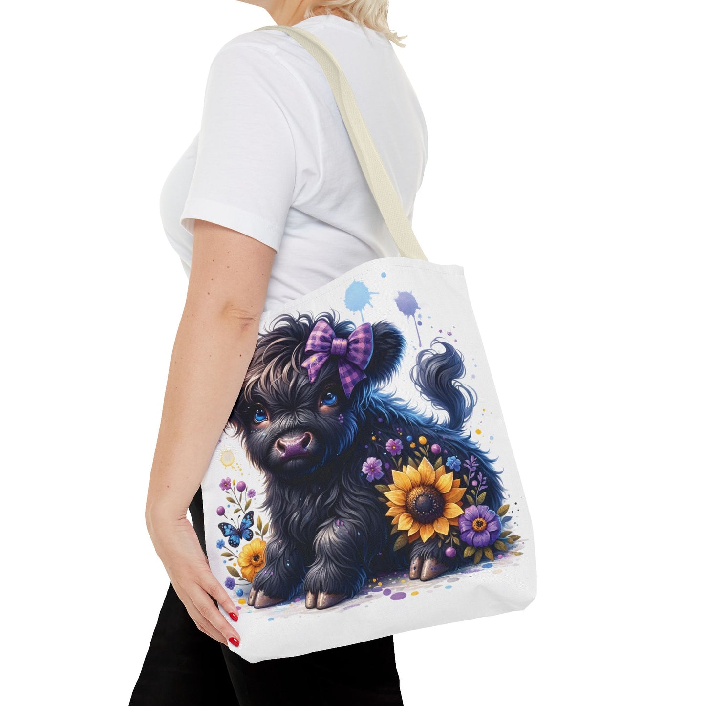 💜 Purple Bow Black Highland Calf Tote Bag – Country Charm with a Pop of Color 🐮👜