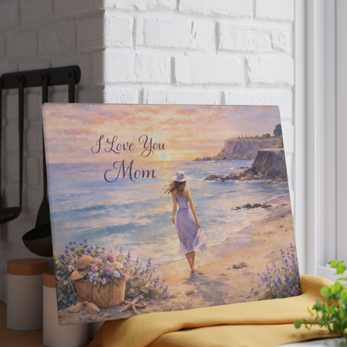 “I Love You Mom” Beach Sunset Glass Cutting Board – Mother’s Day Gift for Mom