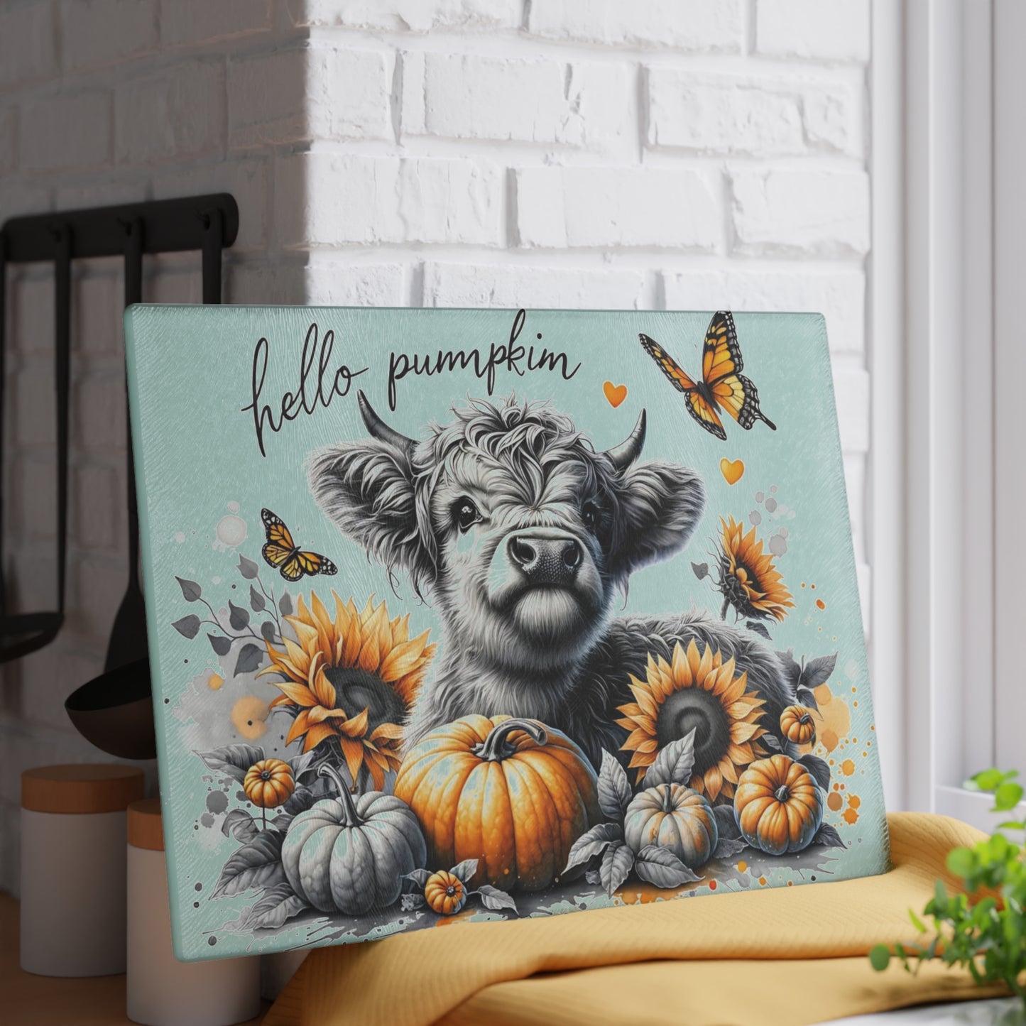 🐮🎃 Hello Pumpkin Highland Cow Cutting Board – Autumn Charm with Sunflowers & Butterflies 🍂🦋