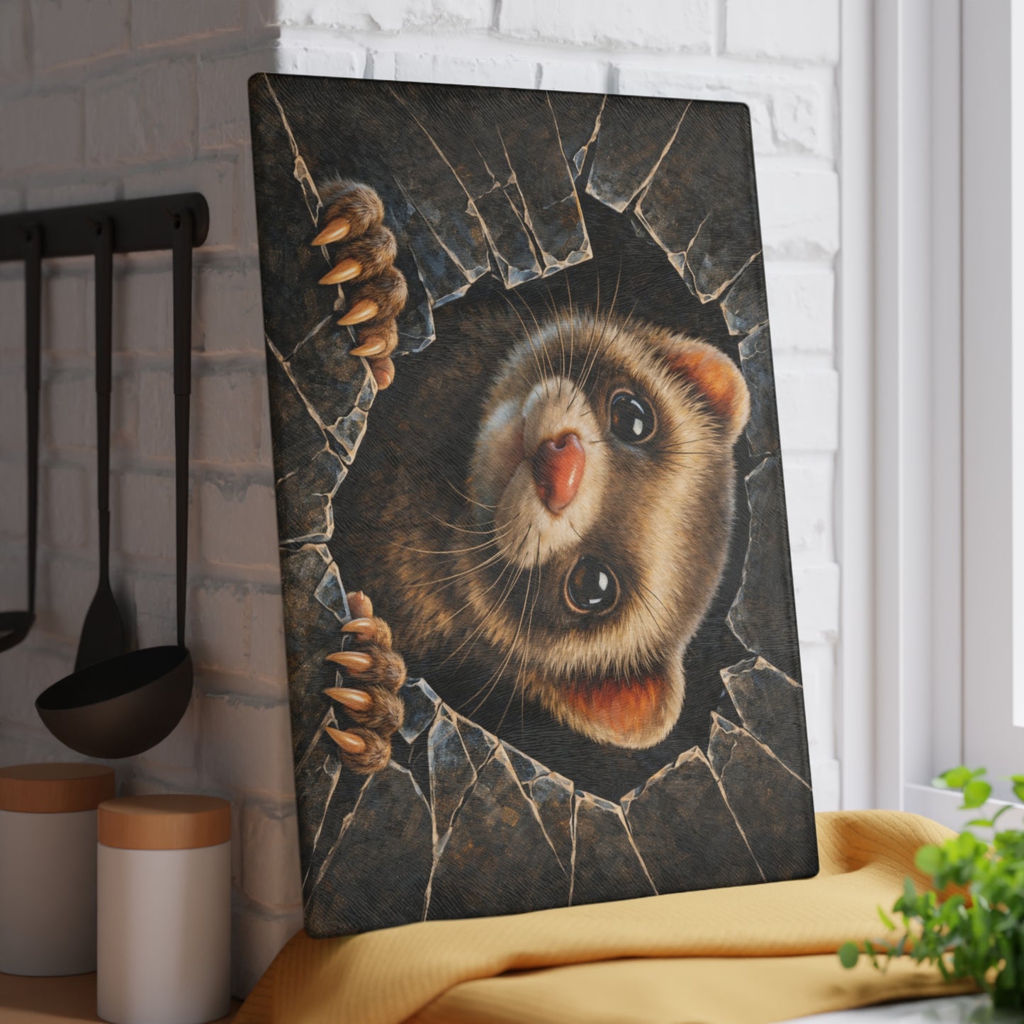 Ferret Breaking Through Wall Glass Cutting Board – Playful Wildlife Peek Artwork