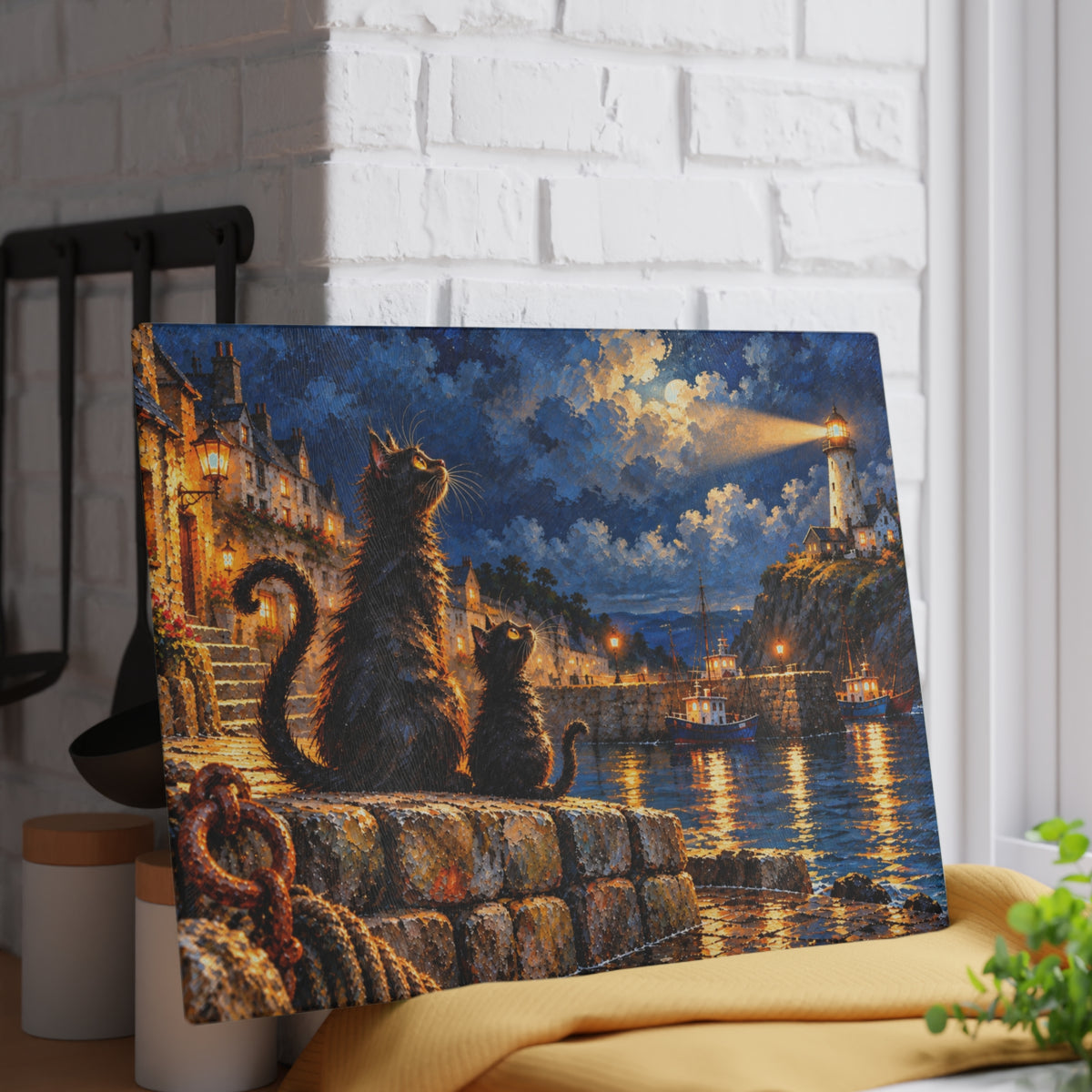 Moonlit Harbor Cats – Coastal Lighthouse Tempered Glass Cutting Board – 11 × 15 Inches