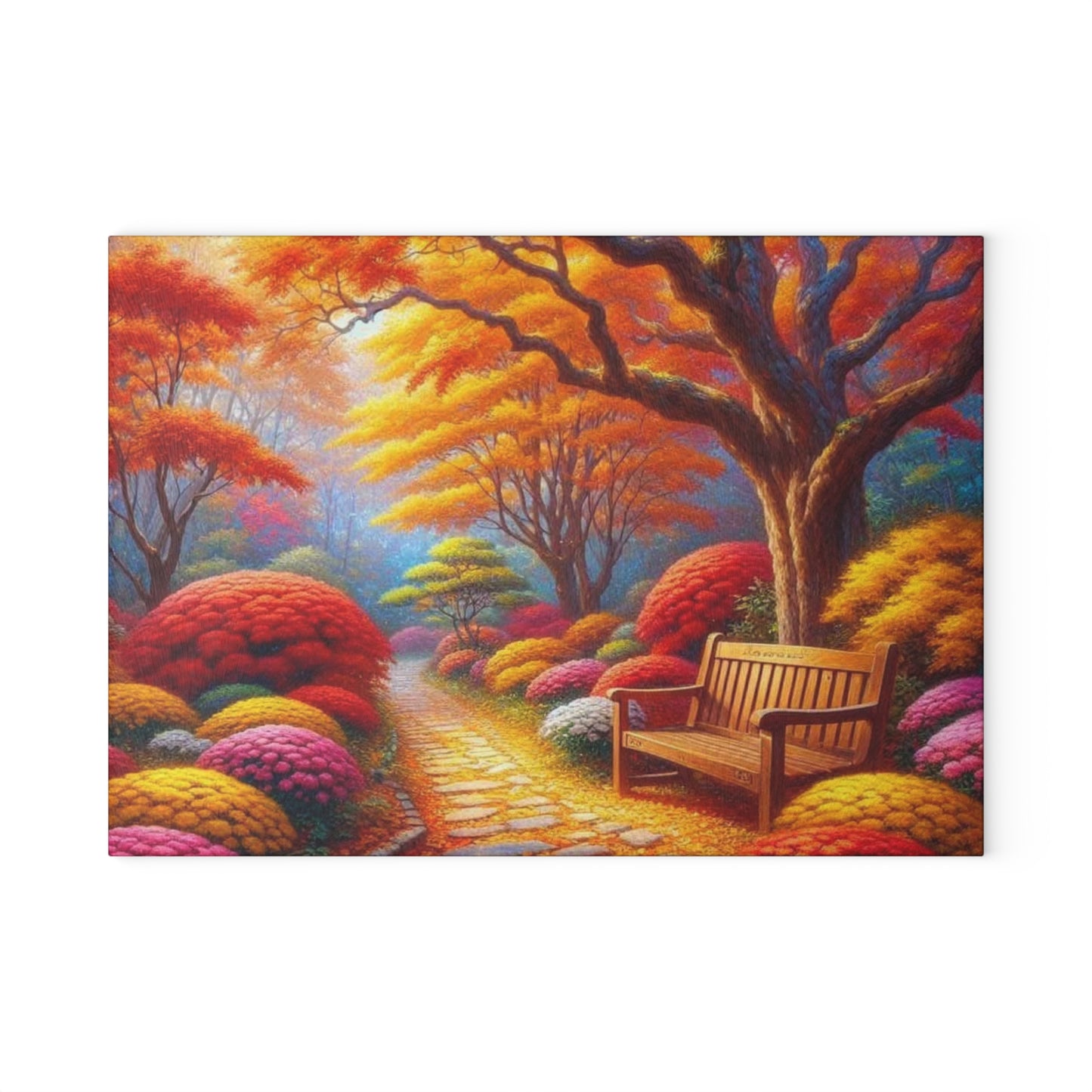 🍁 Autumn Park Bench Path – Cozy Fall Tempered Glass Cutting Board