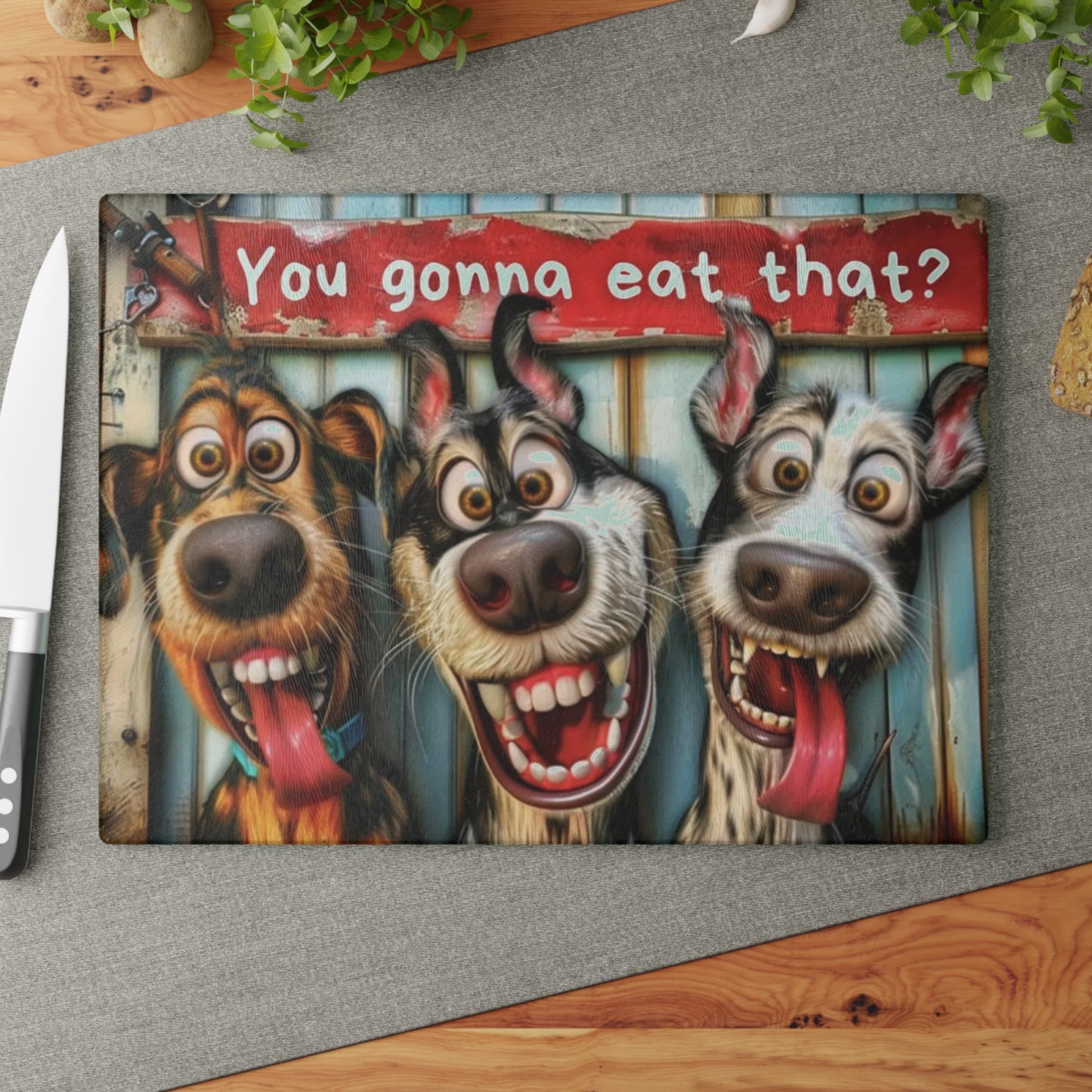 🐶🤣 “Hungry Pup Trio” Glass Cutting Board – Whimsical Fun for Your Kitchen