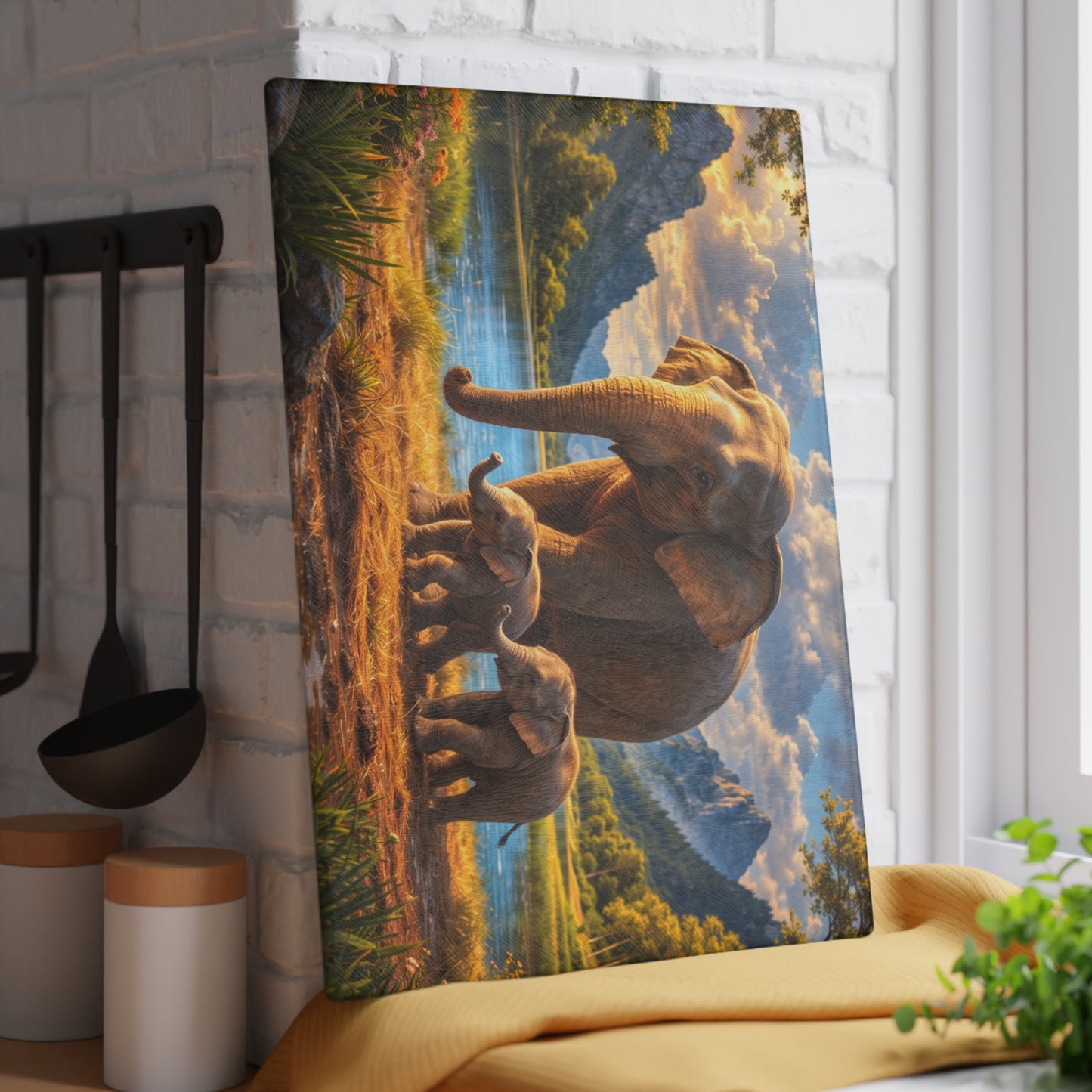 Mother Elephant with Calves Glass Cutting Board – Peaceful Wildlife Family Kitchen Art