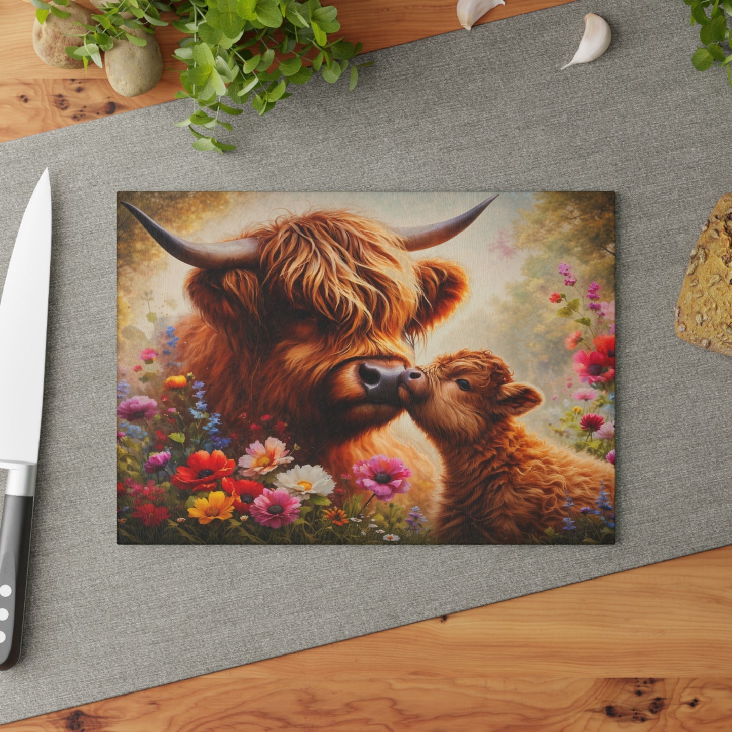 Highland Cow and Calf Floral Glass Kitchen Surface – Warm Farmhouse Style Artwork