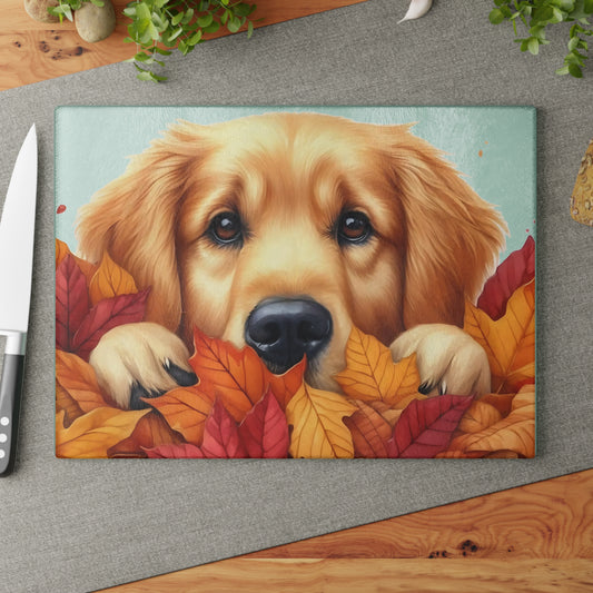 🍂🐾 Golden Retriever Autumn Leaves Cutting Board – Cozy Fall Kitchen Charm with Puppy Love 🐕🍁
