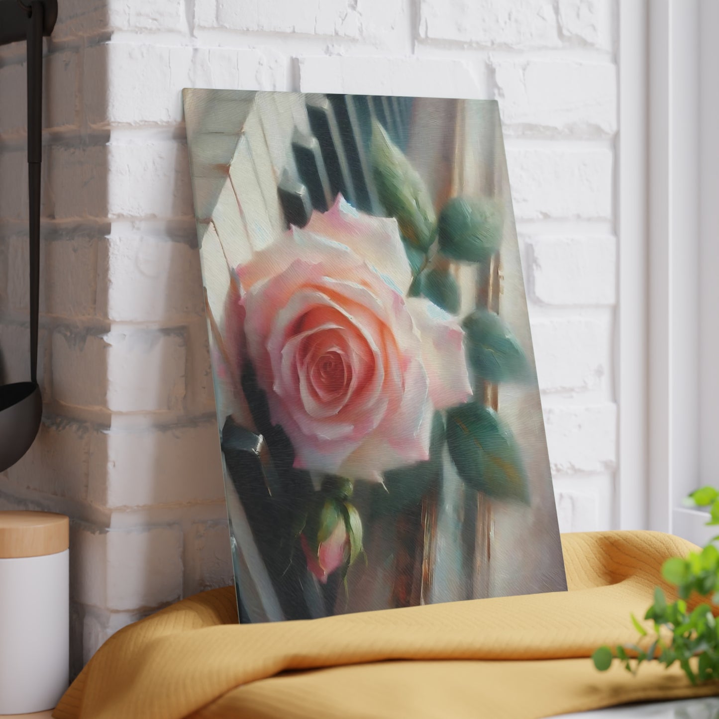 Tabla de cortar de vidrio templado con una rosa rosa sobre teclas de piano, elegante decoración de cocina con música y flores, regalo para músicos, tabla de charcutería