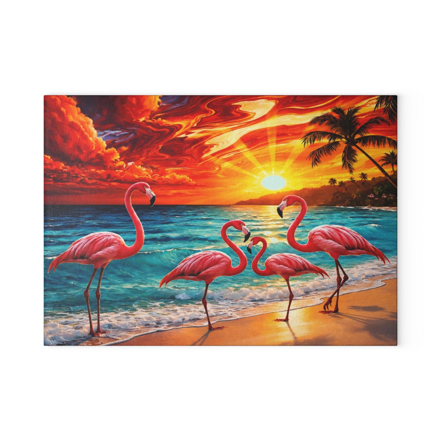 Vibrant Flamingo Sunset Glass Cutting Board – Tropical Coastal Kitchen Decor
