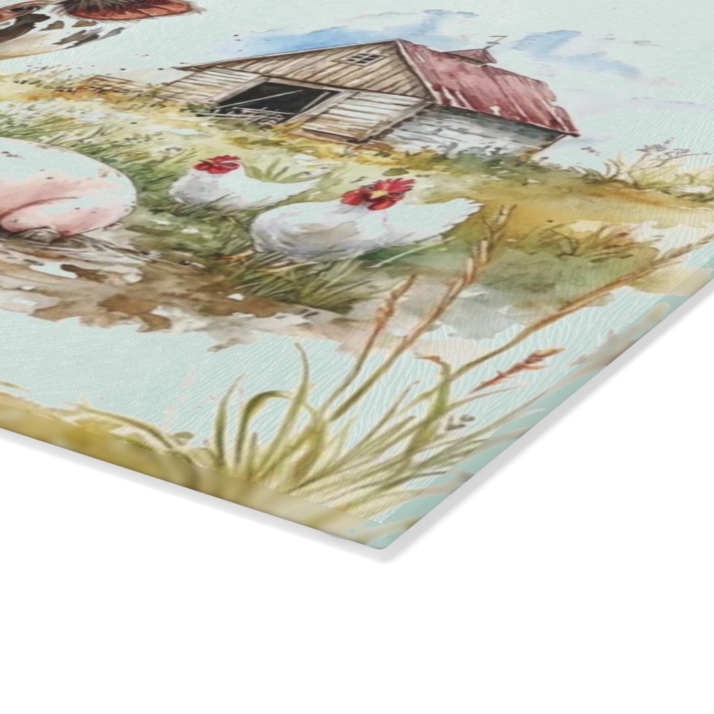 🐮🐷🐔 “Pasture Pals Farm Day” Glass Cutting Board – Sweet Country Scene