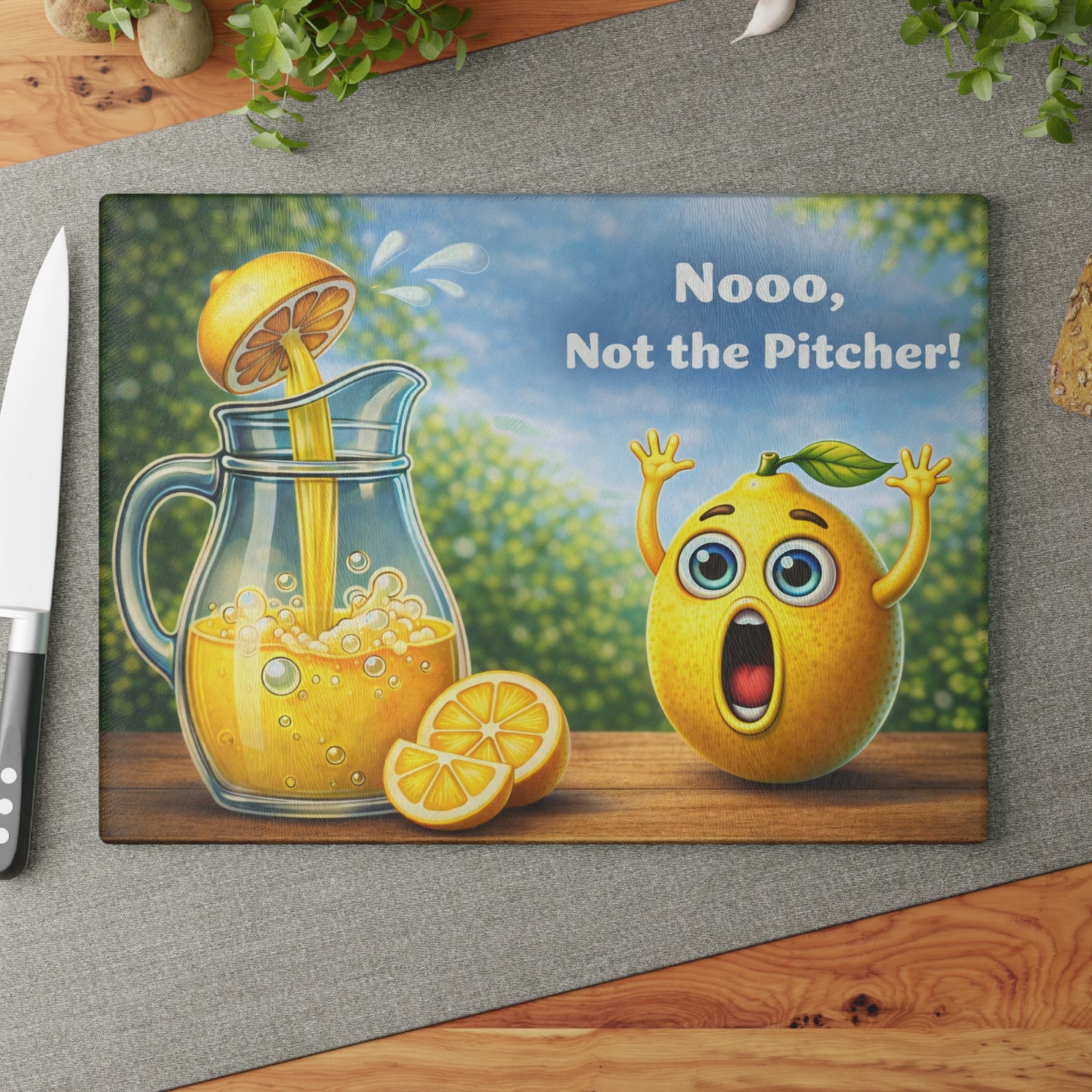 Nooo, Not the Pitcher! Glass Cutting Board – Playful Lemonade Humor Kitchen Artwork
