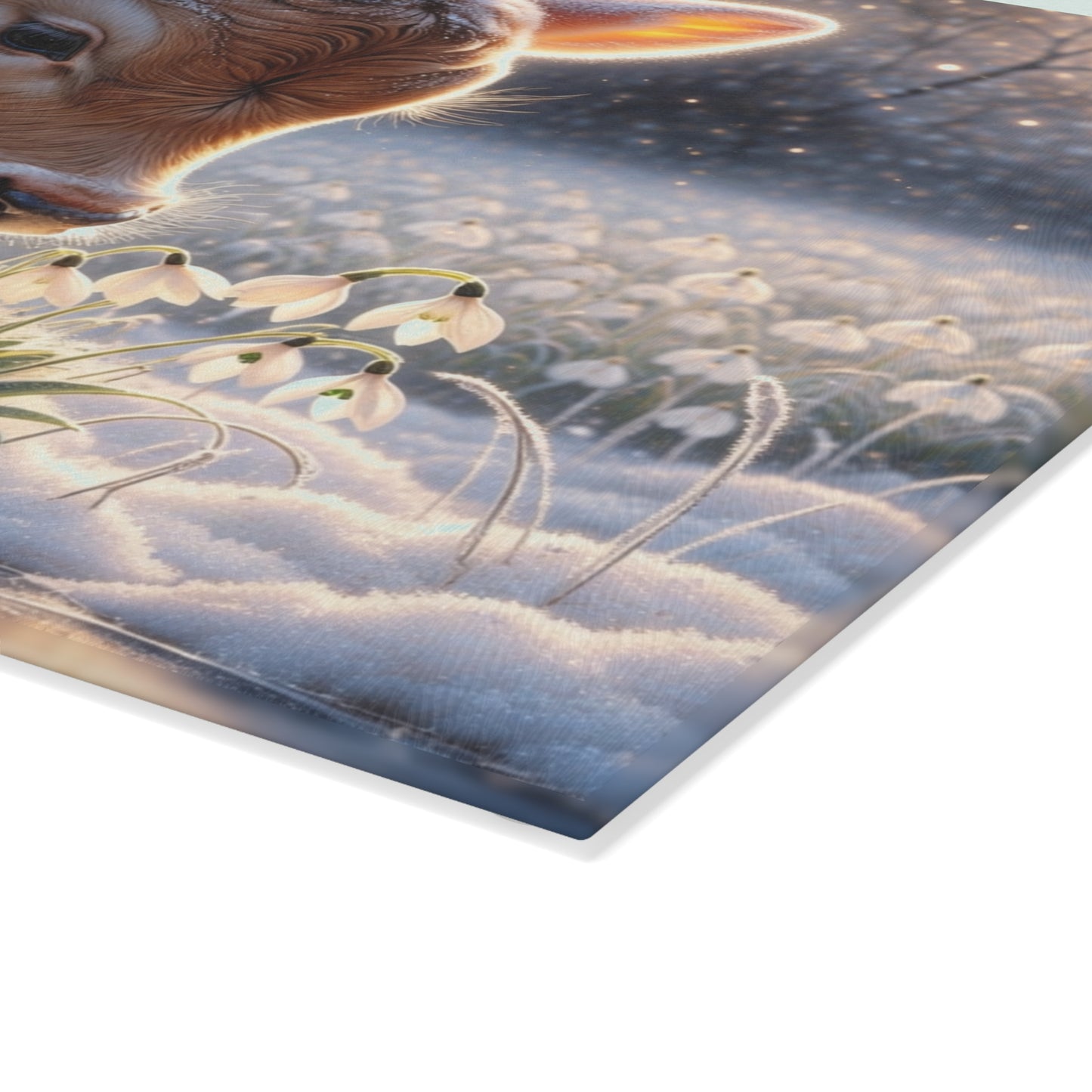Frosted Meadow Calf Glass Cutting Board – Whimsical Winter Farm Art
