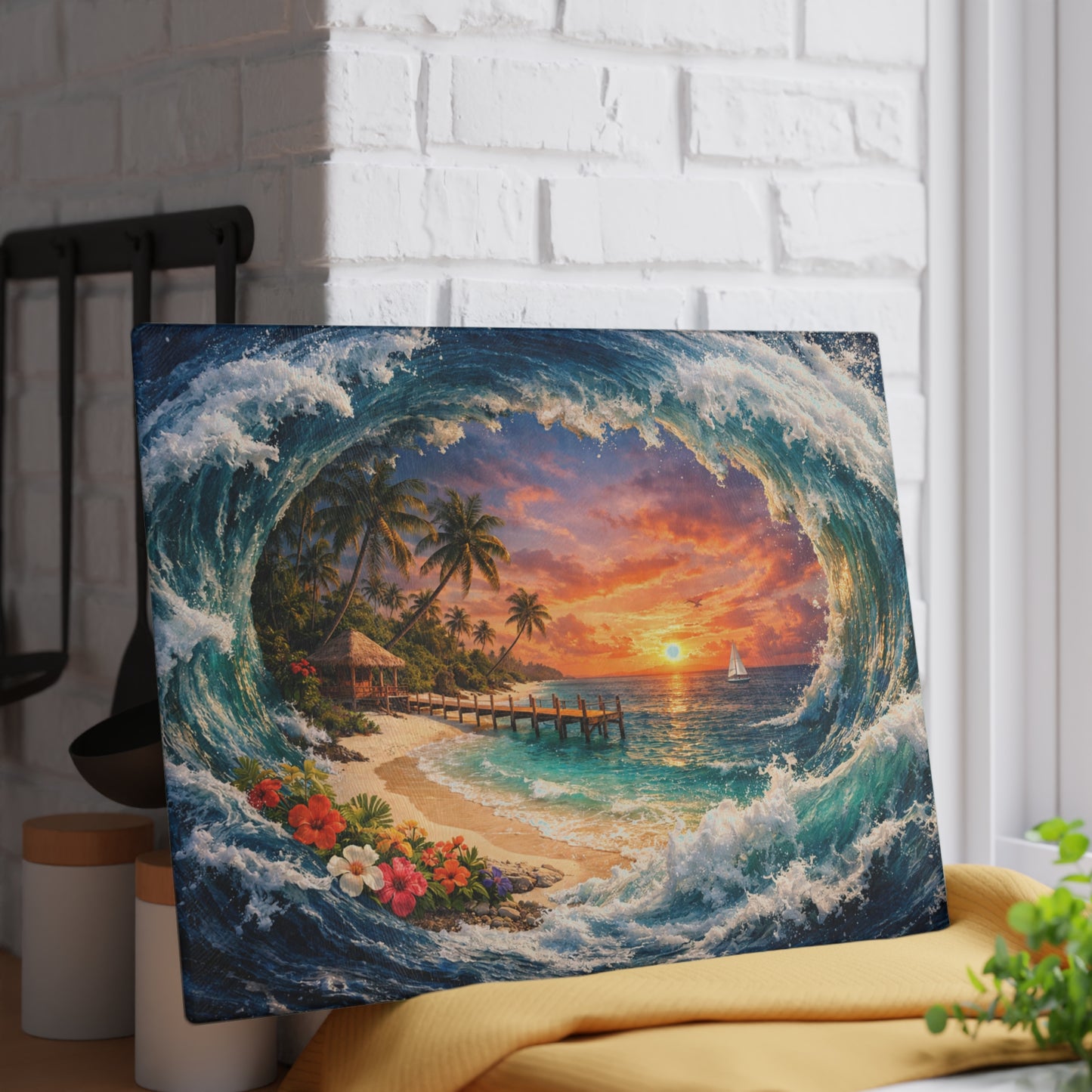 Coastal Escape Glass Cutting Board – Tropical Wave Sunset Kitchen Art & Display Board