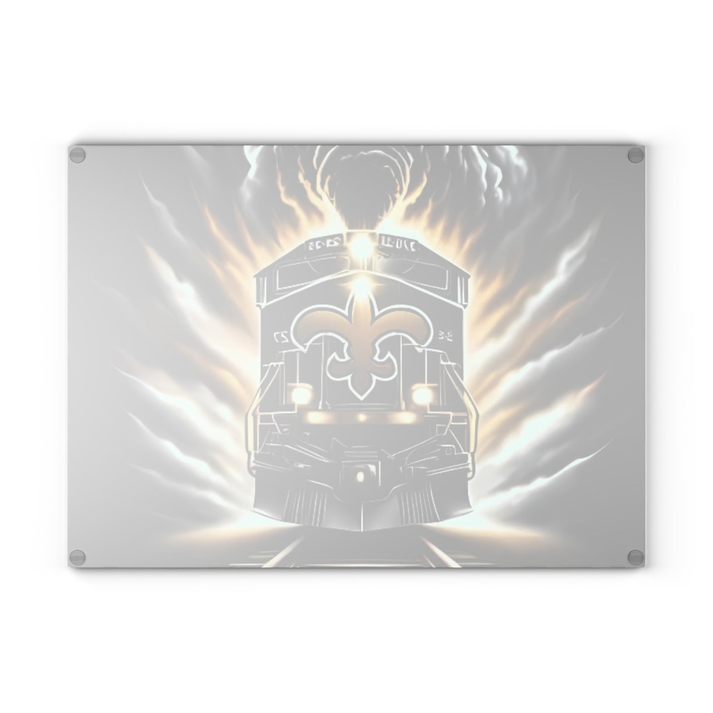 Black & Gold Express Glass Cutting Board – Luxe Train Art for Sophisticated Kitchens