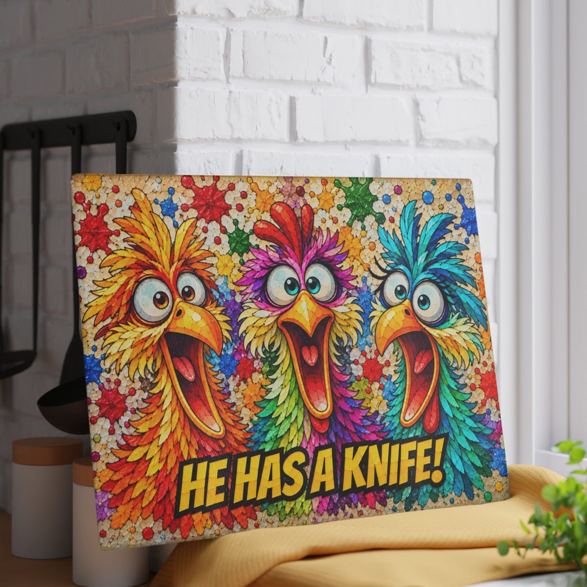 He Has a Knife! Funny Colorful Birds Stained-Glass-Inspired Glass Cutting Board