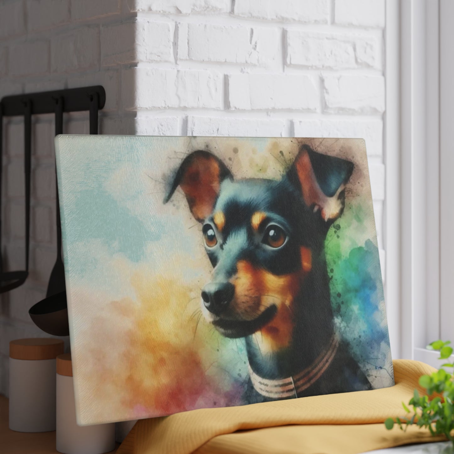 🐶🌈 “Rainbow Min Pin Portrait” Tempered Glass Board – Color Splash for Dog-Loving Kitchens