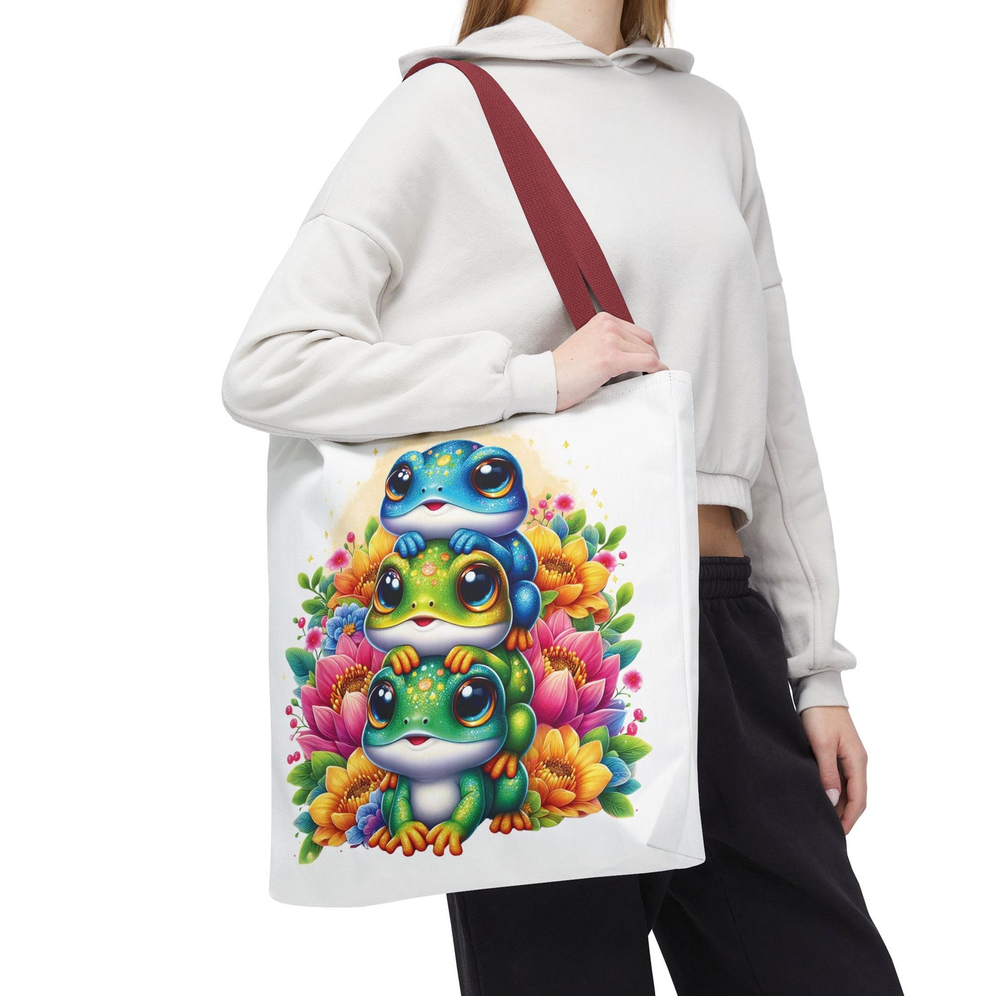🐸 Stacked Frogs Floral Tote Bag – Colorful Whimsy for Every Day 🌸👜