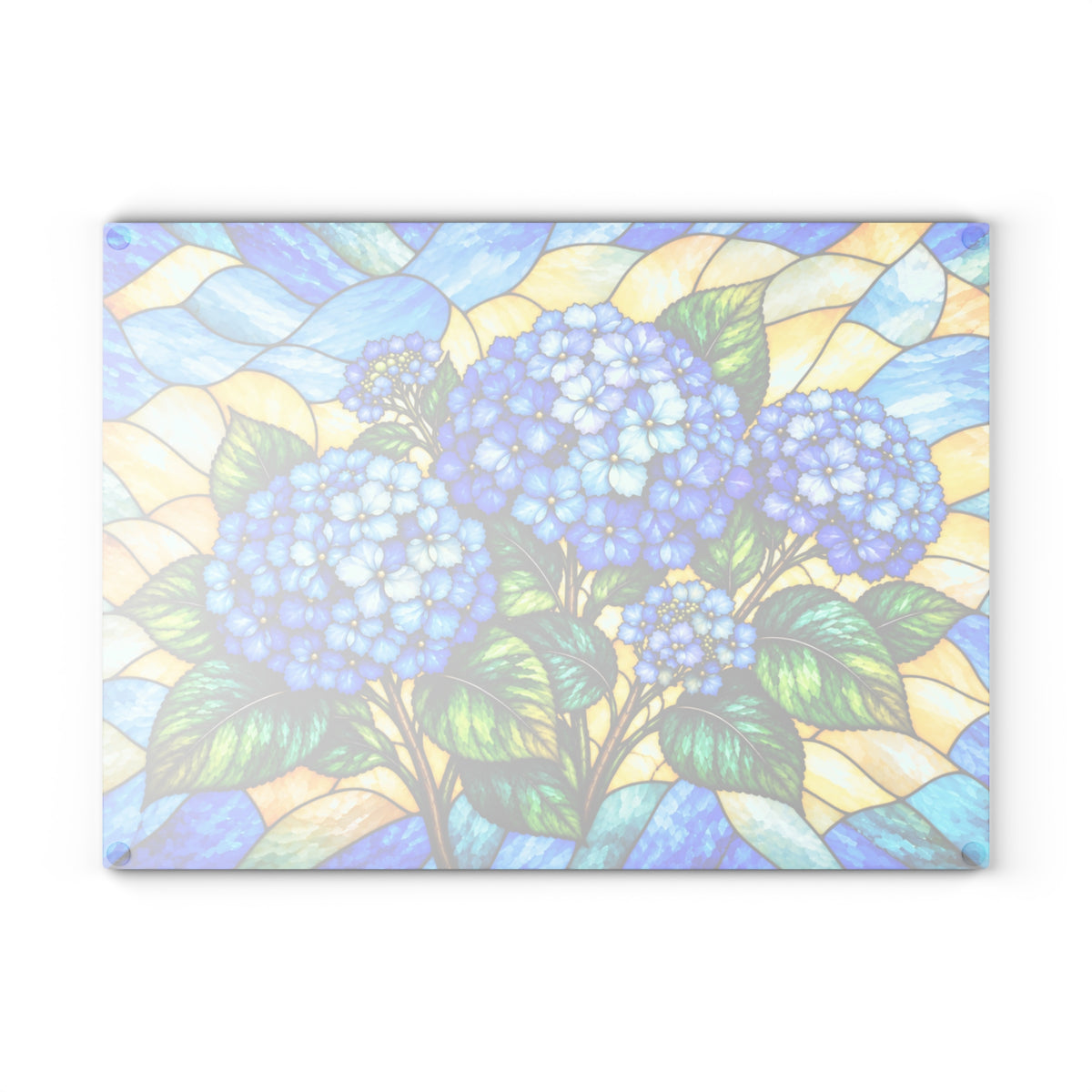 Stained-Glass-Inspired Blue Hydrangea Cutting Board – Vibrant Blue Floral Bouquet, Golden Mosaic Background & Botanical Kitchen Décor