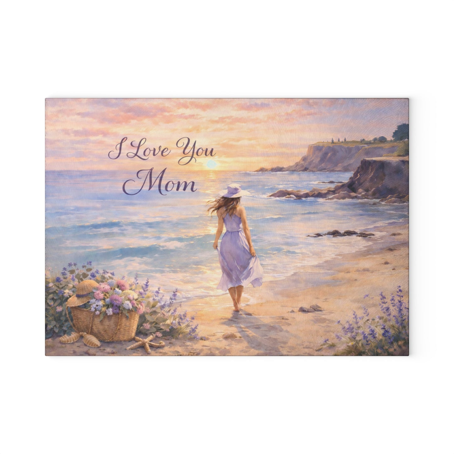 “I Love You Mom” Beach Sunset Glass Cutting Board – Mother’s Day Gift for Mom