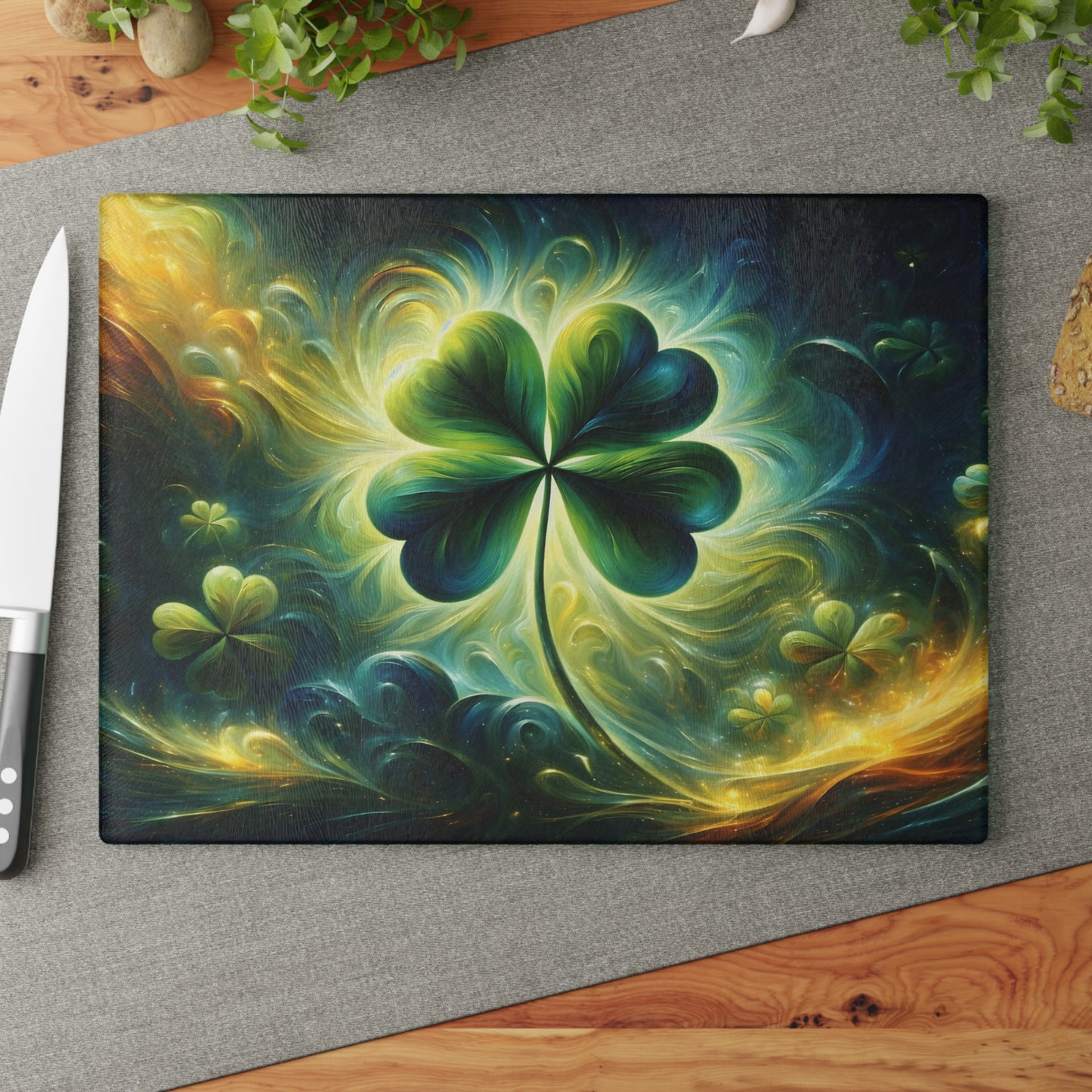 Luminous Shamrock Abstract Glass Cutting Board – St. Patrick’s Day Kitchen Art