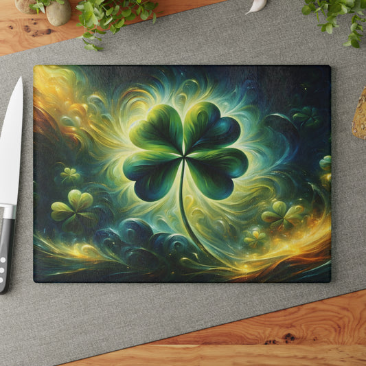 Luminous Shamrock Abstract Glass Cutting Board – St. Patrick’s Day Kitchen Art