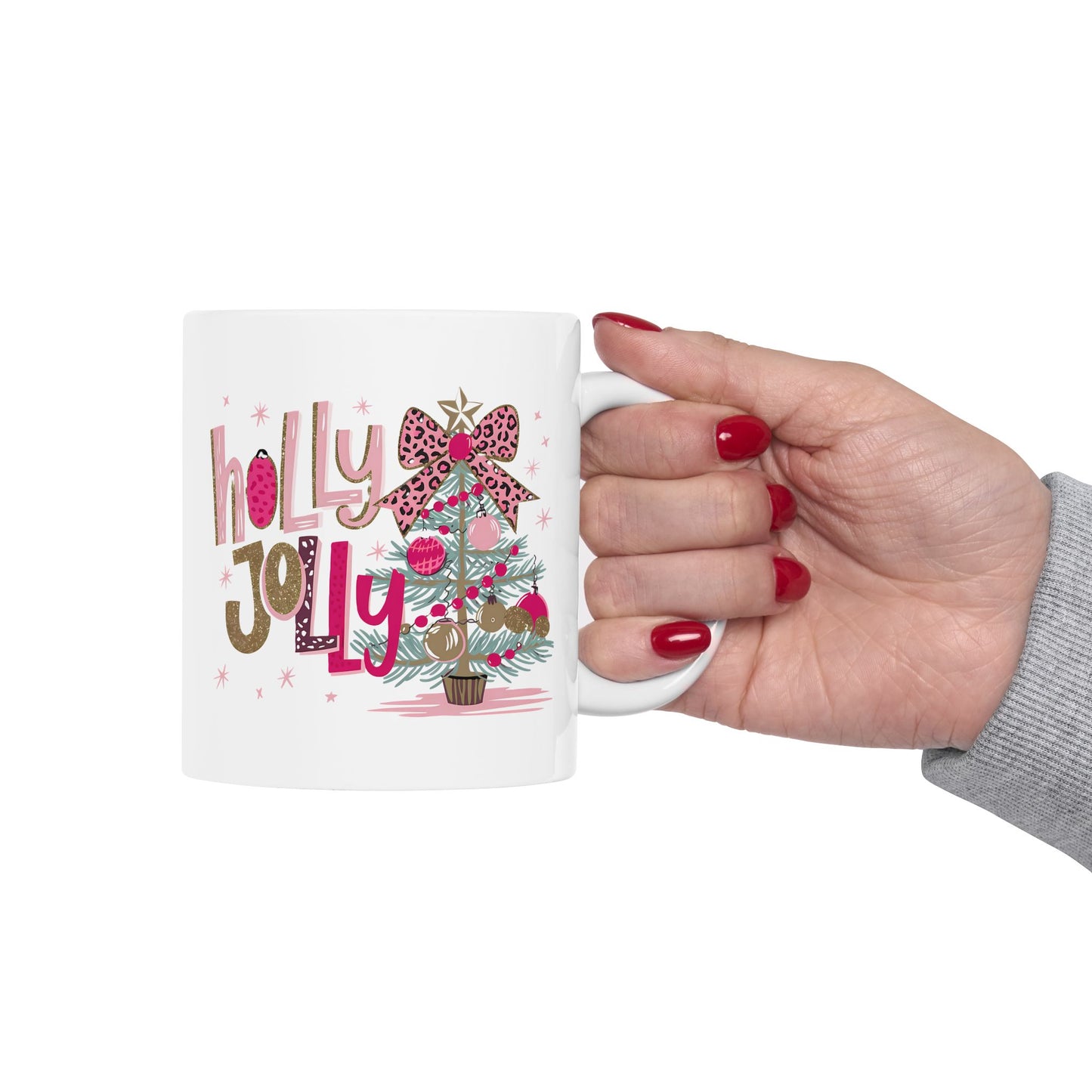 🎀🌟 Holly Jolly Christmas Mug – Glam Tree, Leopard Bow, and Holiday Sass 🎄💖