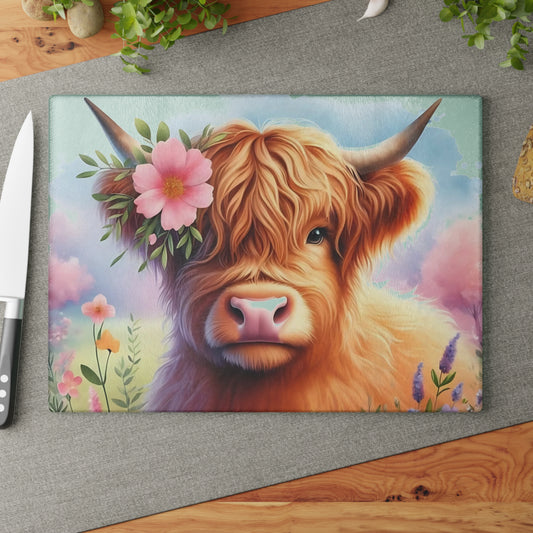 🐮 Highland Cow with Floral Crown – Rustic Farmhouse Glass Cutting Board
