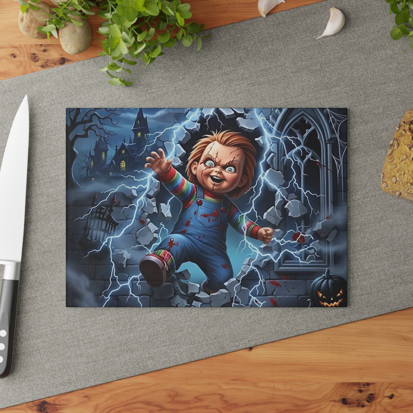 ⚡ Creepy Doll Breakthrough Cutting Board – Electric Halloween Mayhem with Haunted Gothic Vibes 💀🎃
