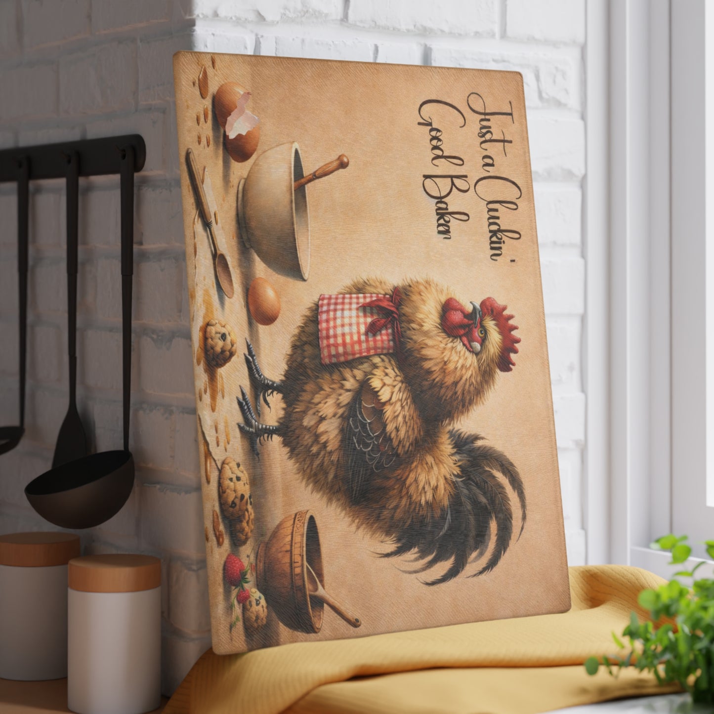 Just a Cluckin’ Good Baker Glass Cutting Board – Funny Farmhouse Kitchen Decor