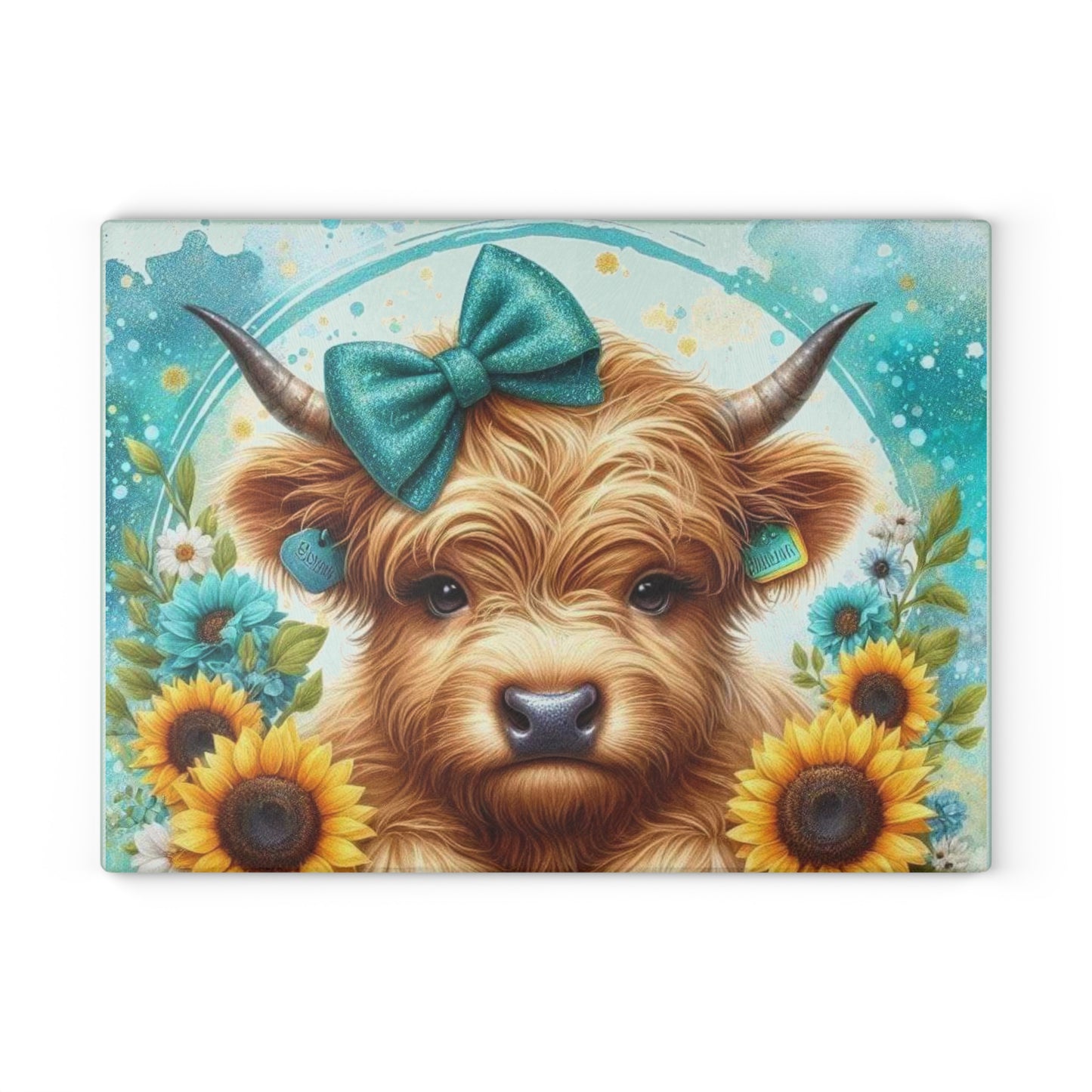 Tabla de cortar de vidrio con diseño de vaca de las Tierras Altas, lazo y girasoles