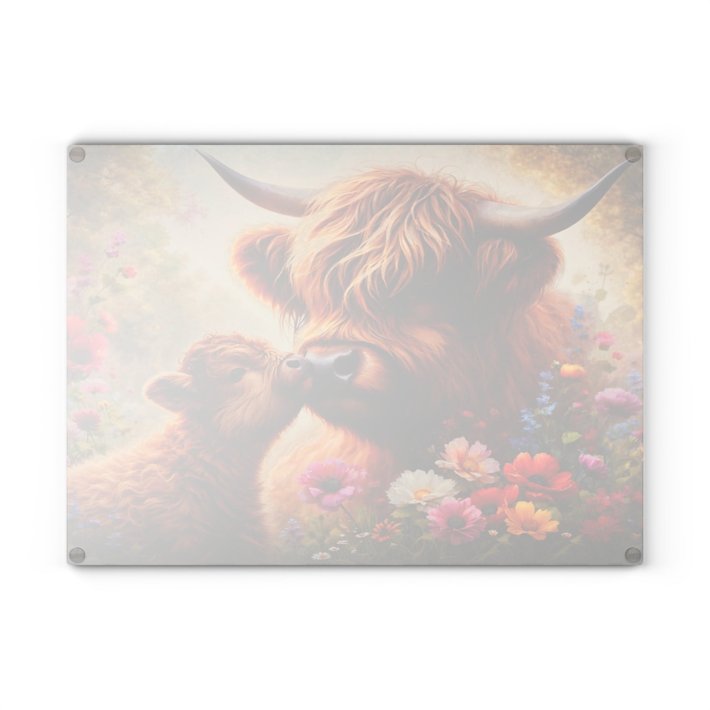 Highland Cow and Calf Floral Glass Kitchen Surface – Warm Farmhouse Style Artwork
