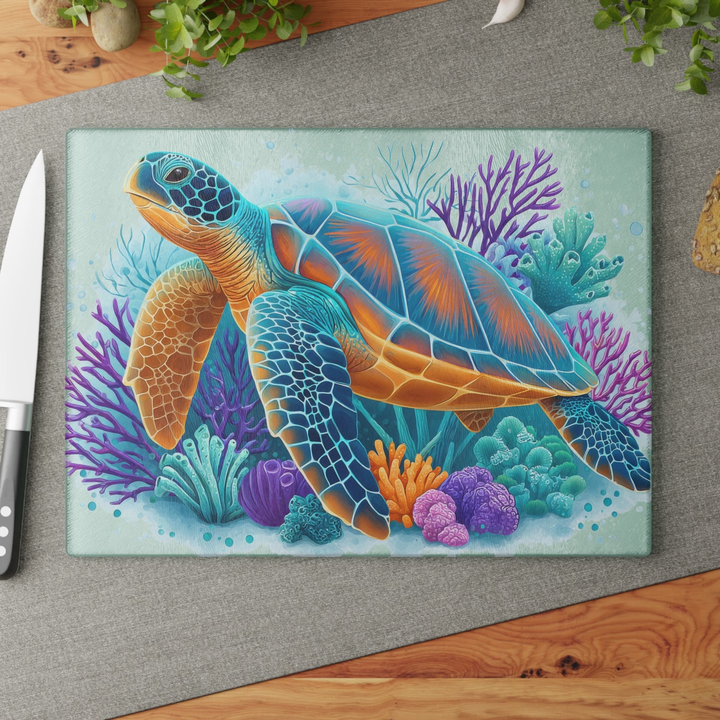 Tabla de cortar con diseño de tortuga de arrecife vibrante: sumérgete en el color del océano