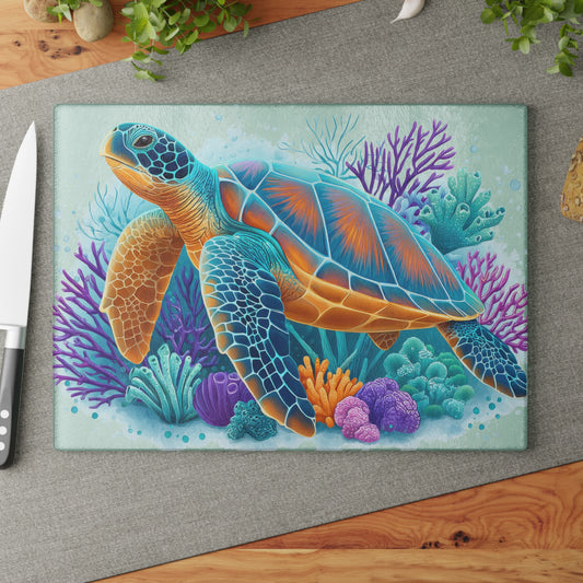 Tabla de cortar con diseño de tortuga de arrecife vibrante: sumérgete en el color del océano