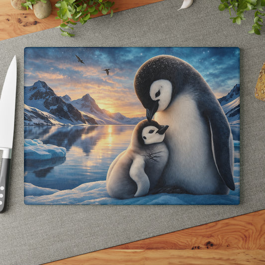 Arctic Penguin Love Glass Cutting Board – Peaceful Polar Wildlife Kitchen Art
