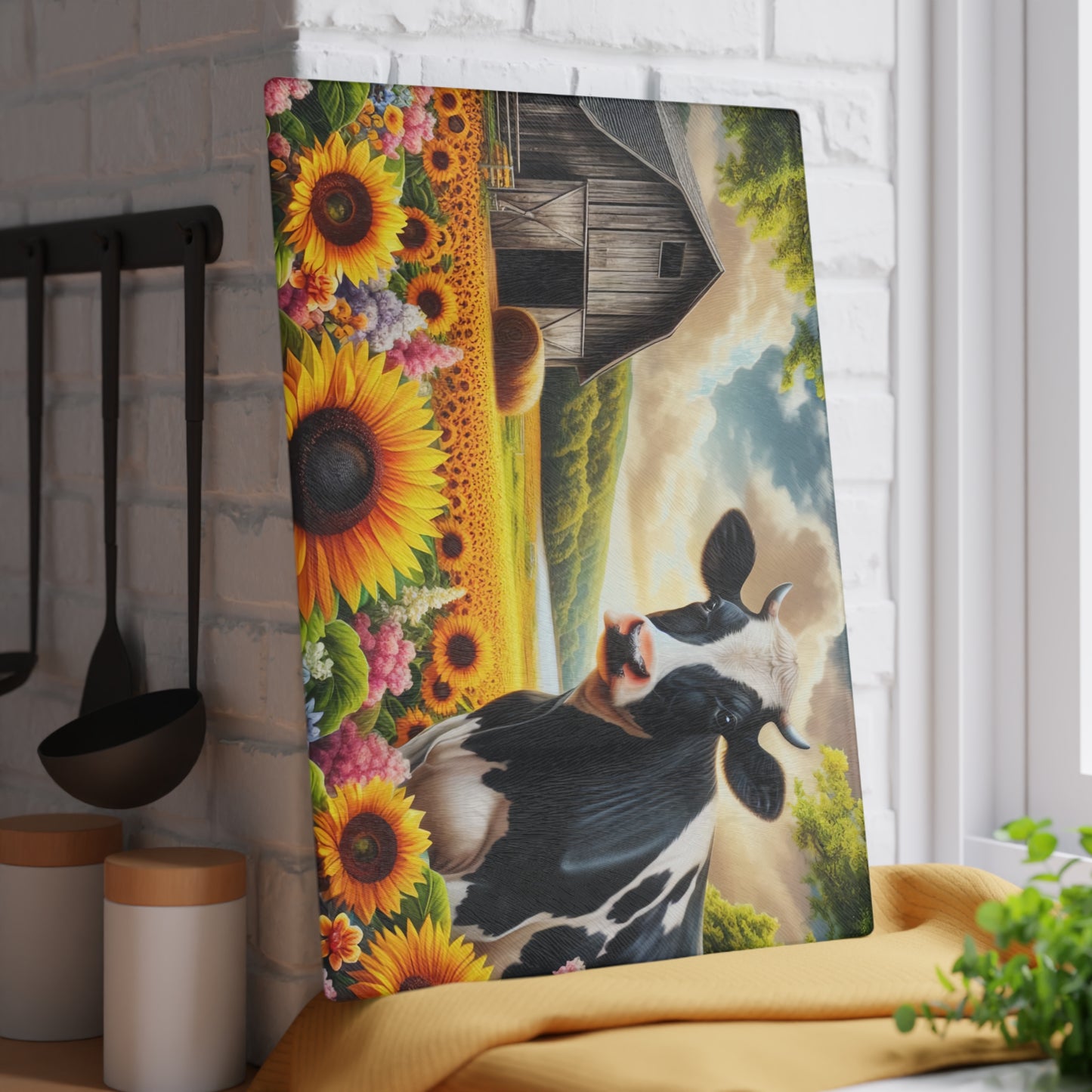 🐄🌻 Black & White Cow in Sunflower Field Glass Cutting Board – Peaceful Barn, Lake & Nature Scene 🌳