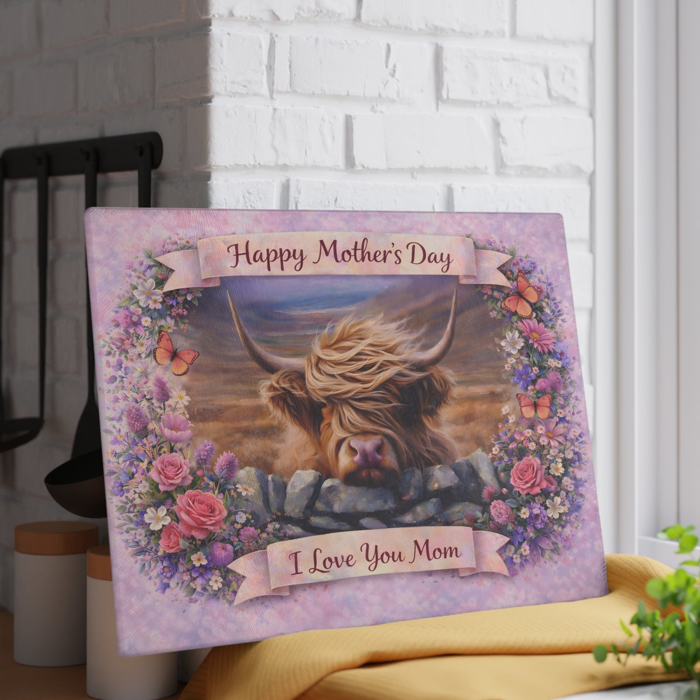 Mother’s Day Highland Cow Floral Glass Cutting Board – Soft Country Artwork with Butterflies