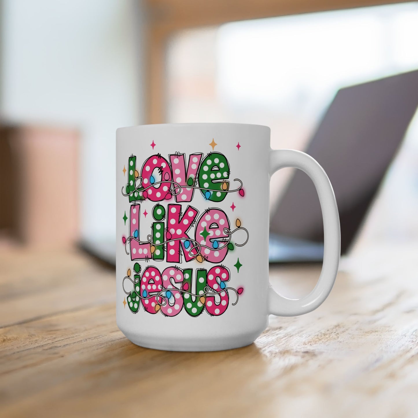 ☕ Love Like Jesus Coffee Mug – Holiday Lights & Faith-Filled Cheer 💖🎄