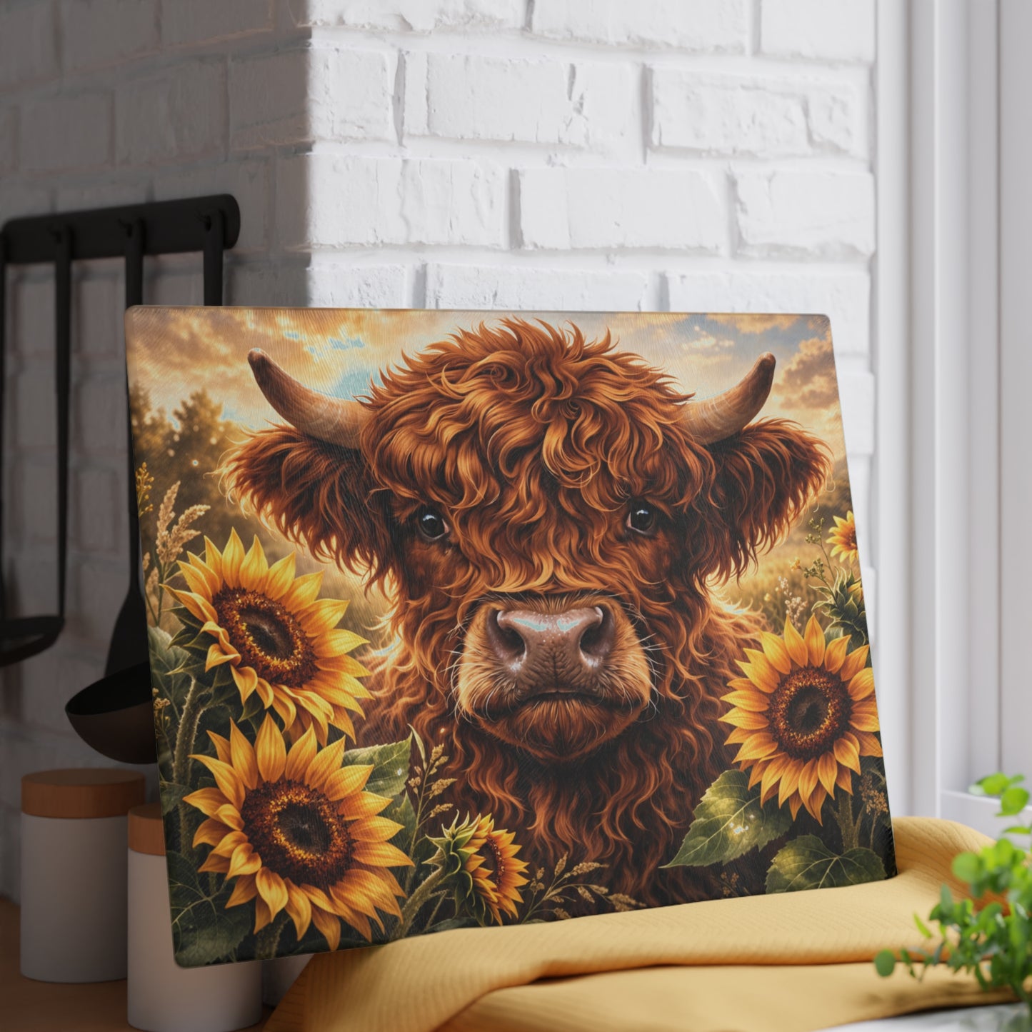 Sunflower Meadow Highland Cow Glass Cutting Board – Warm Farmhouse Floral Art with Country Charm