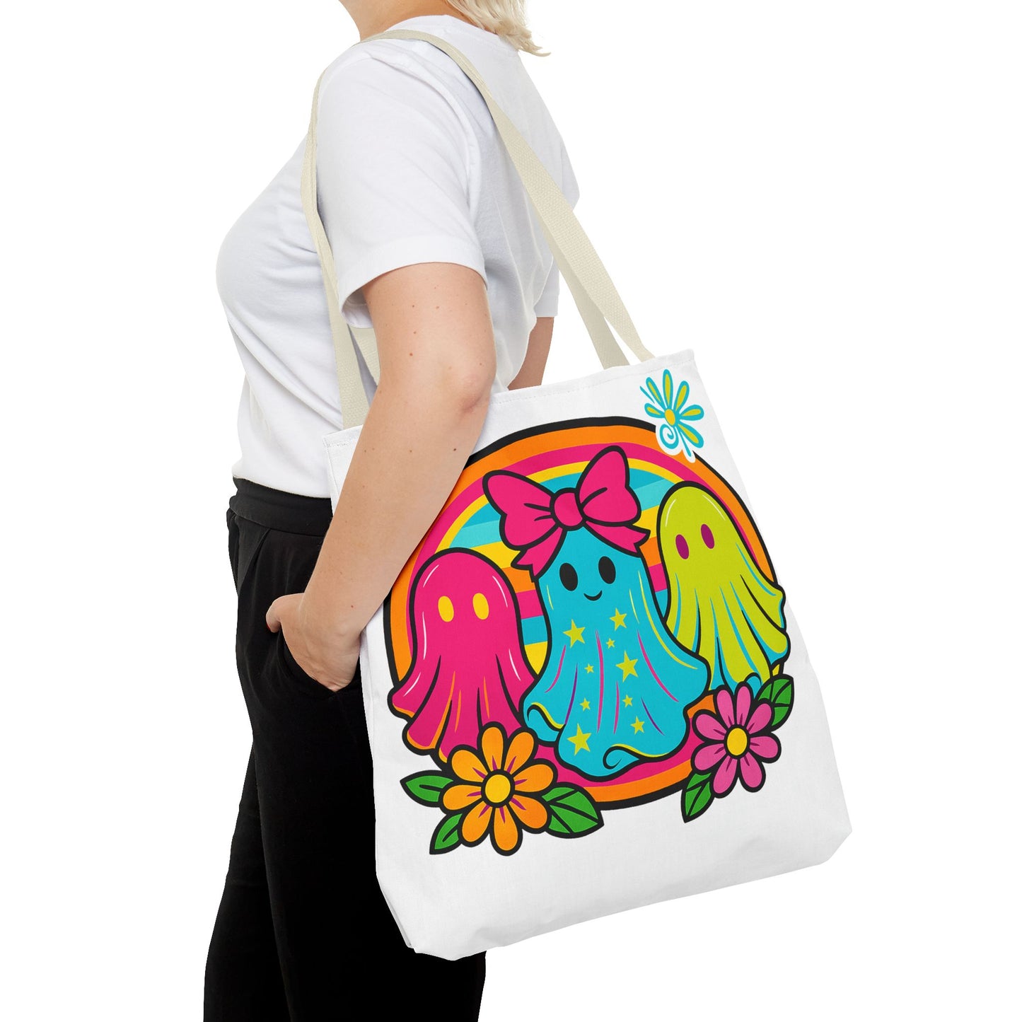 🌈 Retro Rainbow Ghosts Tote Bag – Groovy Spooky Fun 👻👜