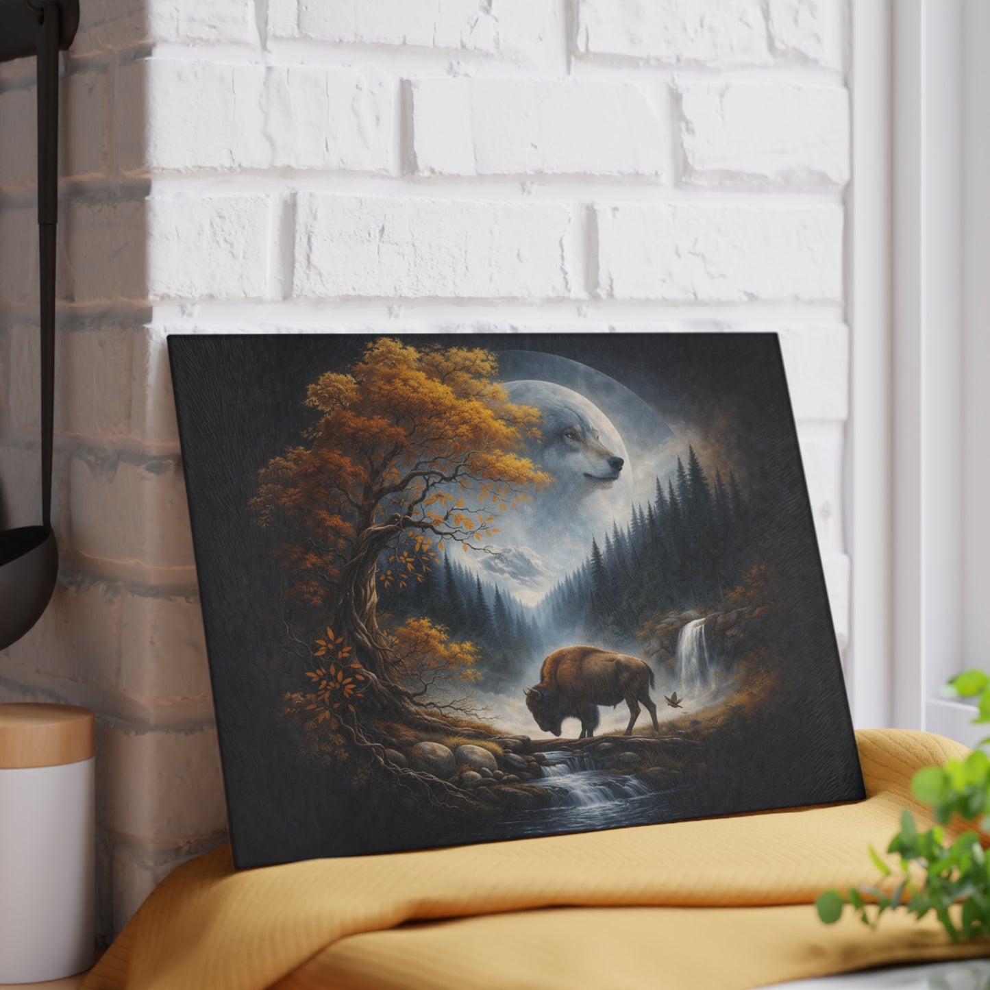 Moonlit Wolf Spirit Forest Glass Cutting Board – Mystical Wildlife Landscape Kitchen Art