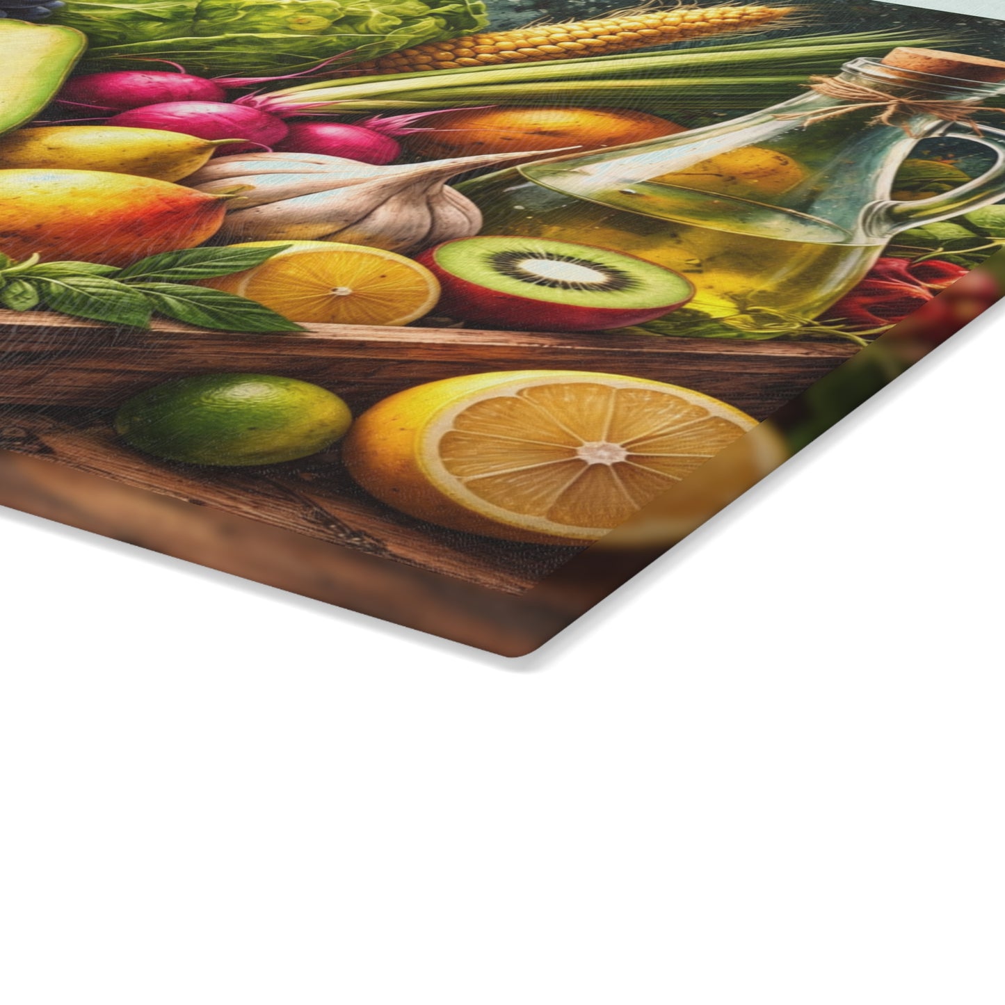 Fresh Harvest Farmhouse Glass Cutting Board – Rustic Market Fruit & Vegetable Kitchen Decor