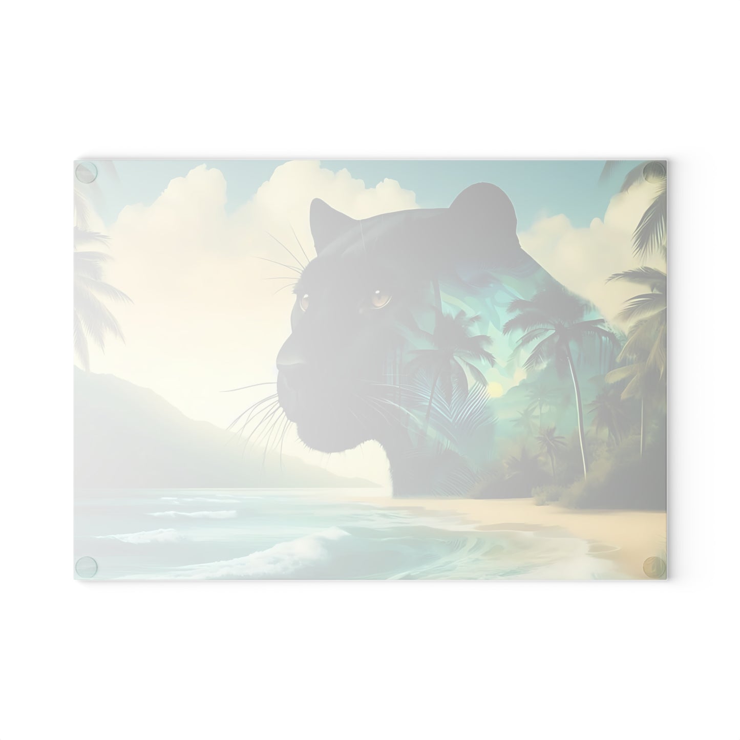 Tabla de cortar de vidrio con diseño de Pantera Negra y puesta de sol en la playa: decoración de cocina con un gato de la jungla místico
