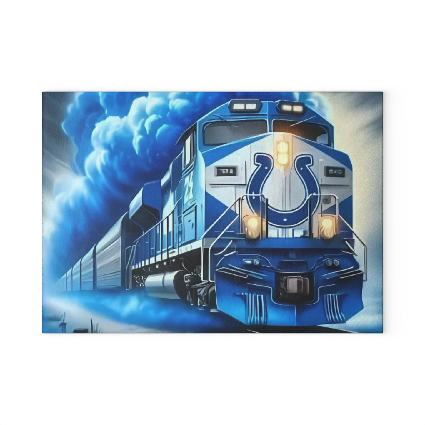 Royal Blue & White Express Glass Cutting Board – Sleek Train Art for Clean, Modern Kitchens