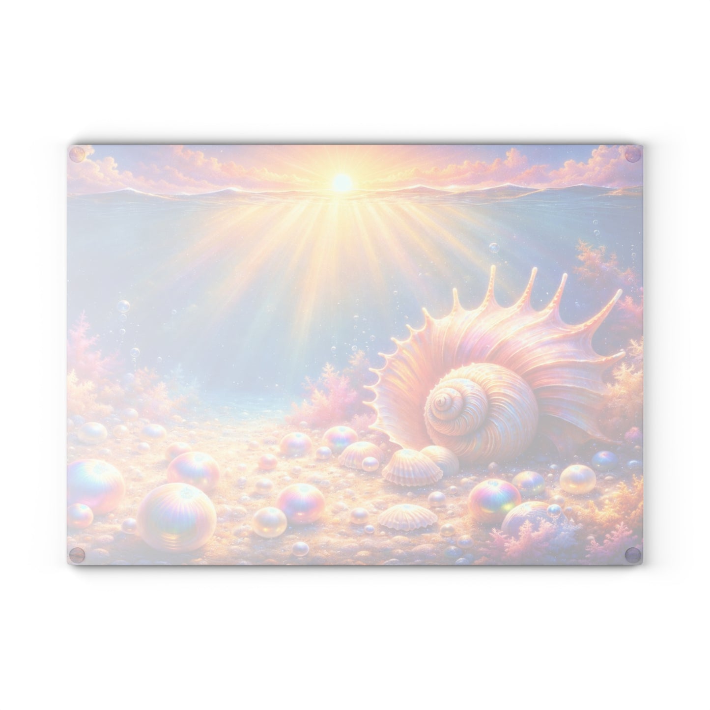 Ocean Sunrise Seashell Glass Cutting Board – Colorful Coastal Kitchen Art