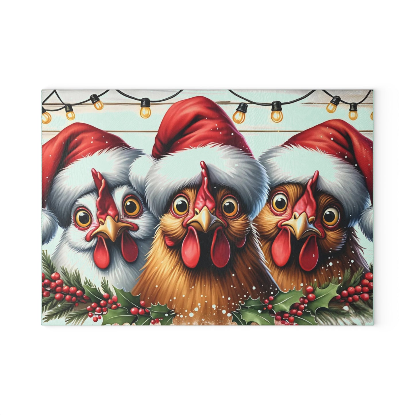 🐔🎄 “Santa Hat Chickens – Whatcha Makin’?” Glass Cutting Board – Cozy Charm for Your Kitchen
