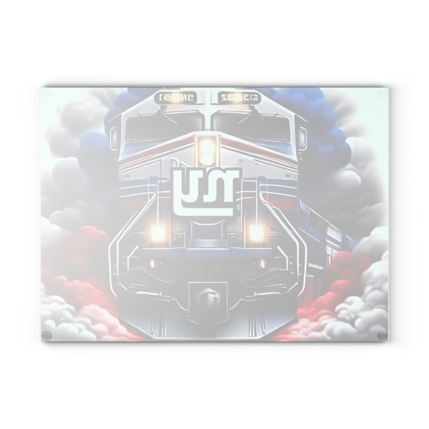 Royal Blue & Red Express Glass Cutting Board – Striking Train Design for Bold Kitchens