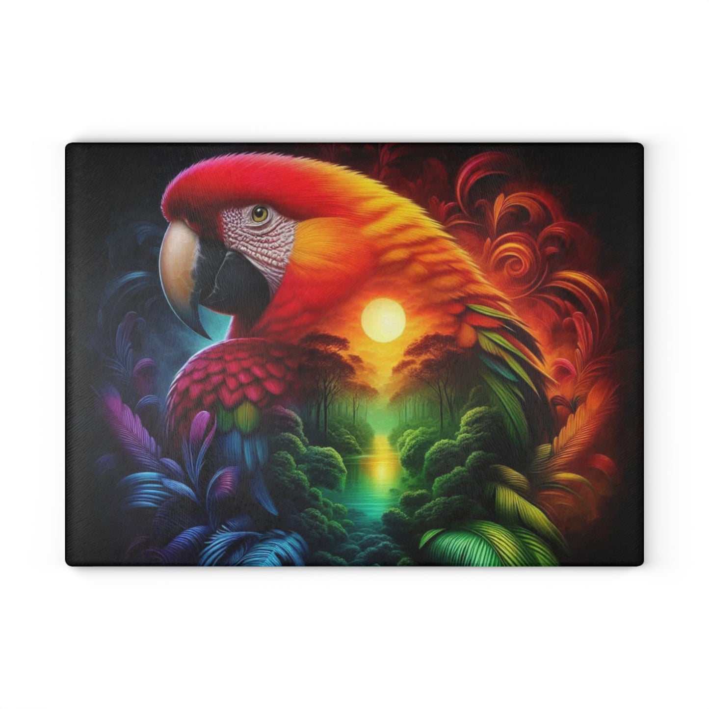 🦜🌈 Tropical Parrot Sunset Cutting Board – Vibrant Color & Warm Jungle Glow for Your Kitchen