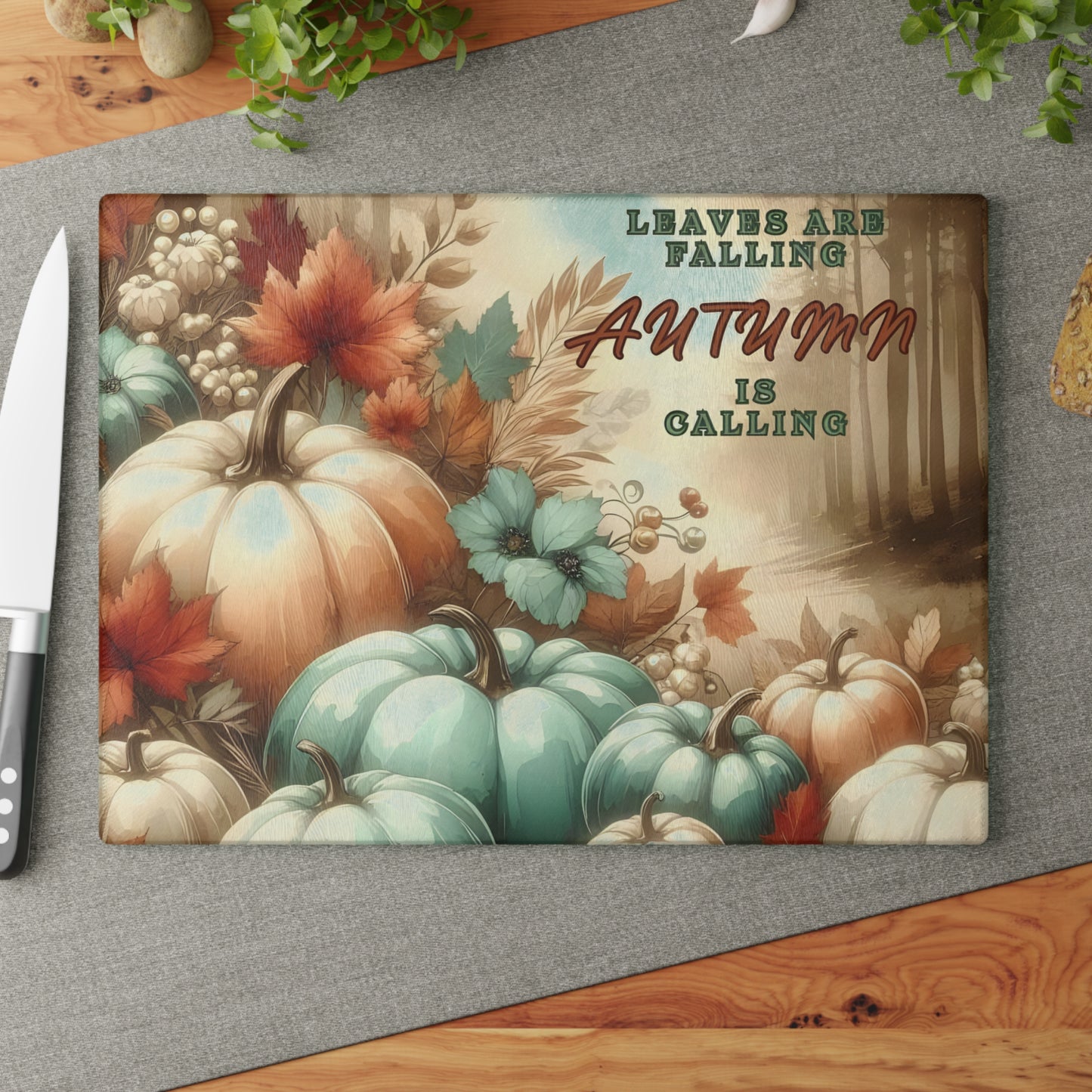 🍂 Leaves Are Falling, Autumn Is Calling – Pumpkin Art Glass Cutting Board