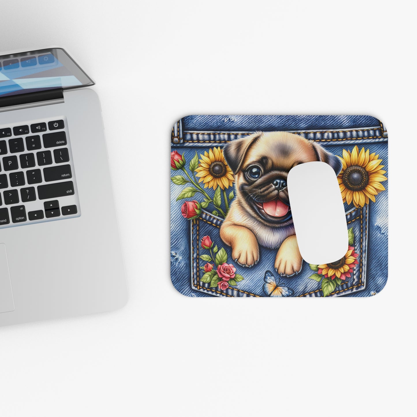 🖱️🐶🌼 Pug Mouse Pad – Denim Pocket Pug with Sunflowers & Roses