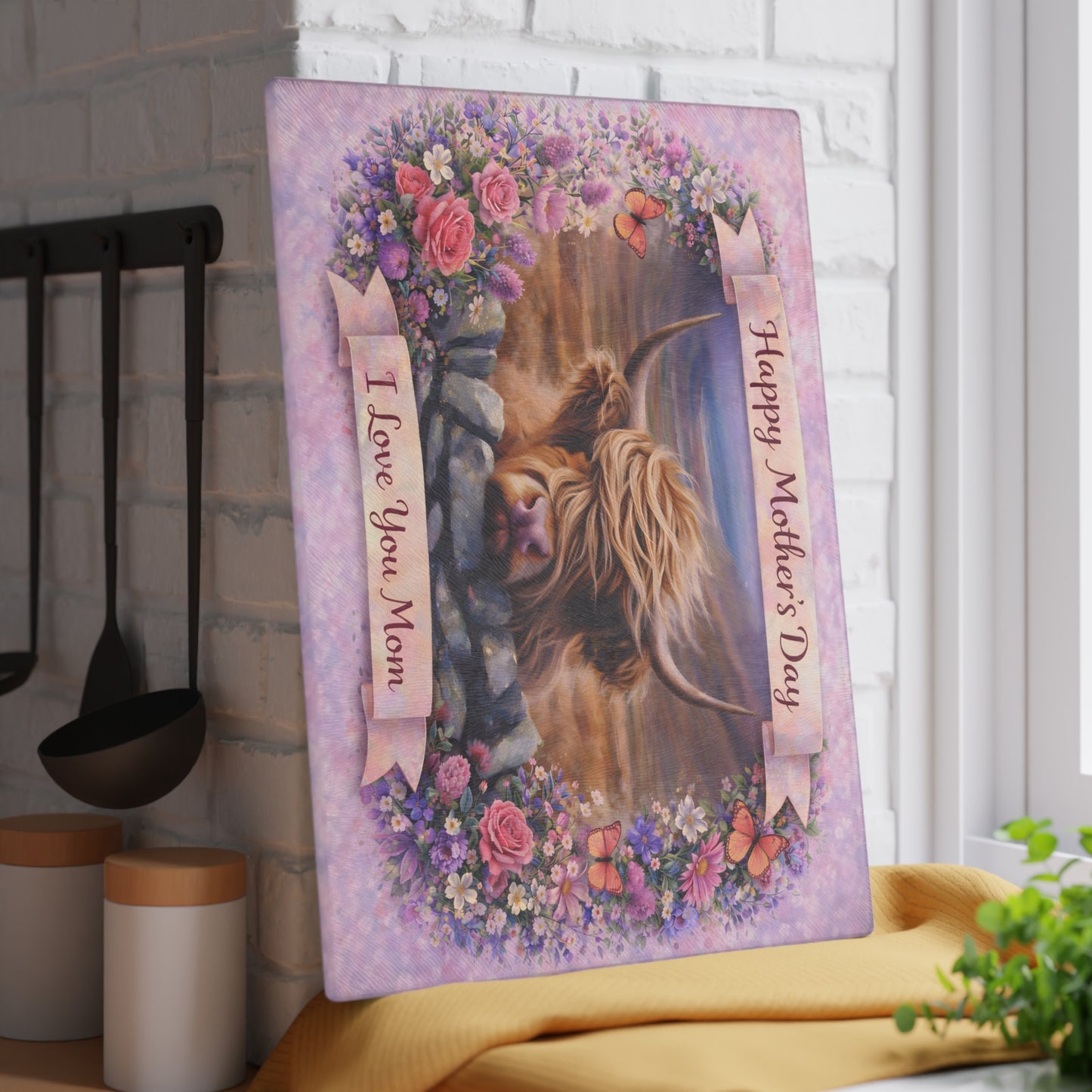 Mother’s Day Highland Cow Floral Glass Cutting Board – Soft Country Artwork with Butterflies